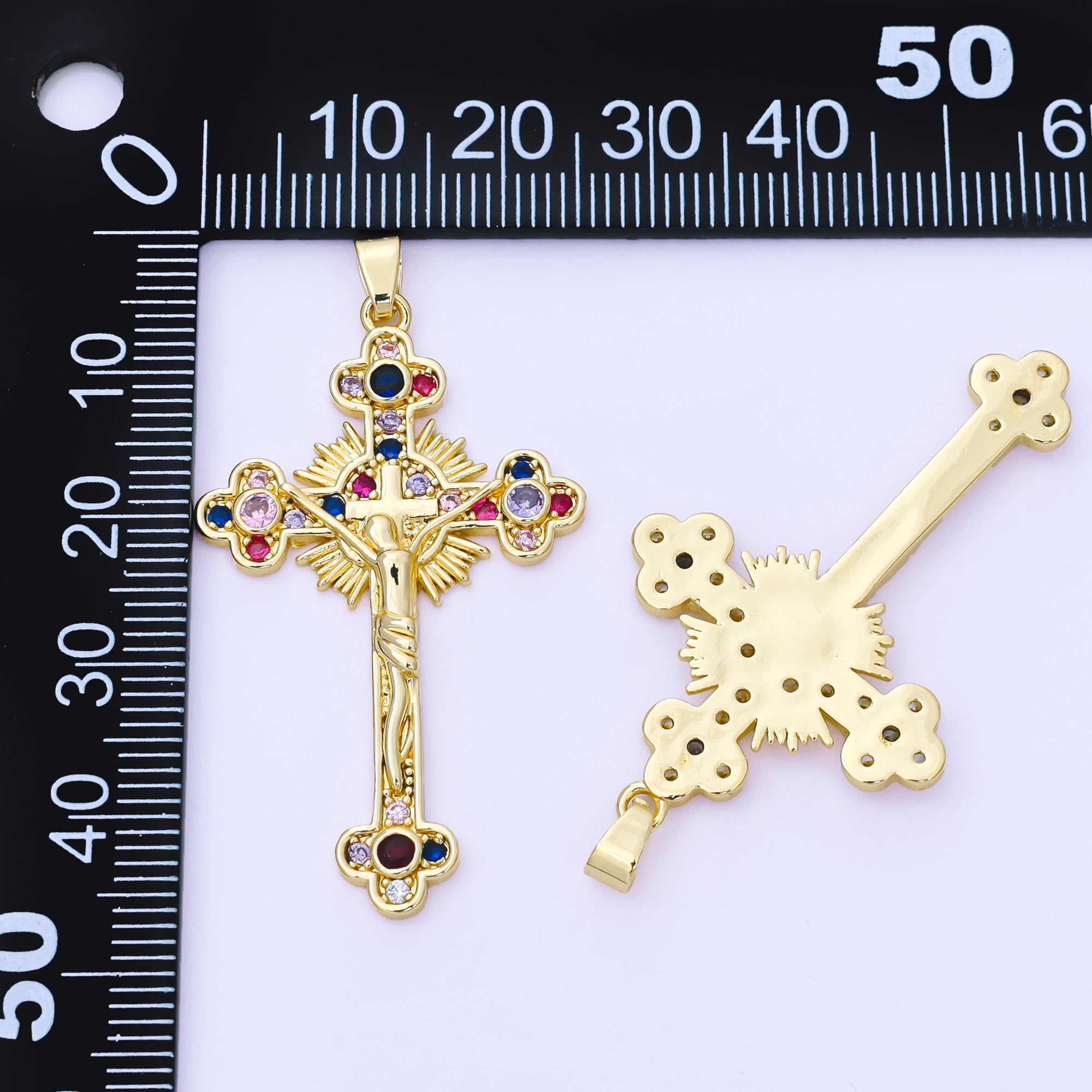 24K Gold Filled 43mm Multicolor Micro Paved CZ Sunburst Crucifix Cross Pendant | AA1568