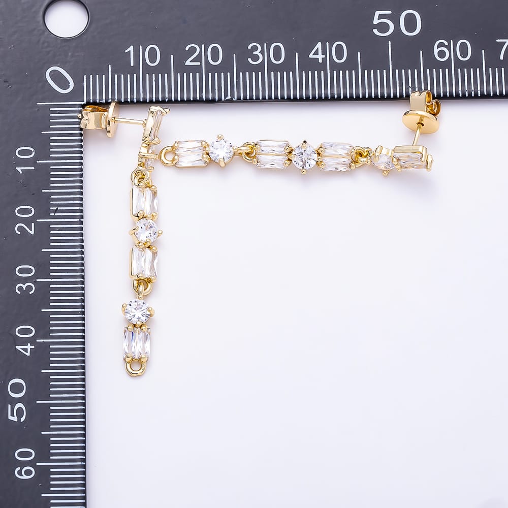 16K Gold Filled 44mm Long Linear Baguette & Round CZ Drop Stud Earring | Findings-00548