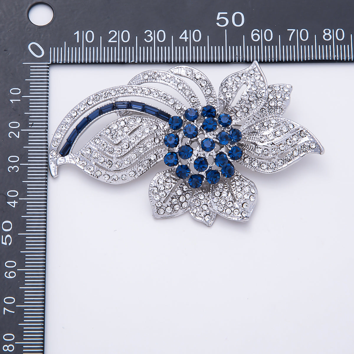Silver 75mm Blue Clear Rhinestone Curved Geometric Flower Pin Brooch | BH-00193
