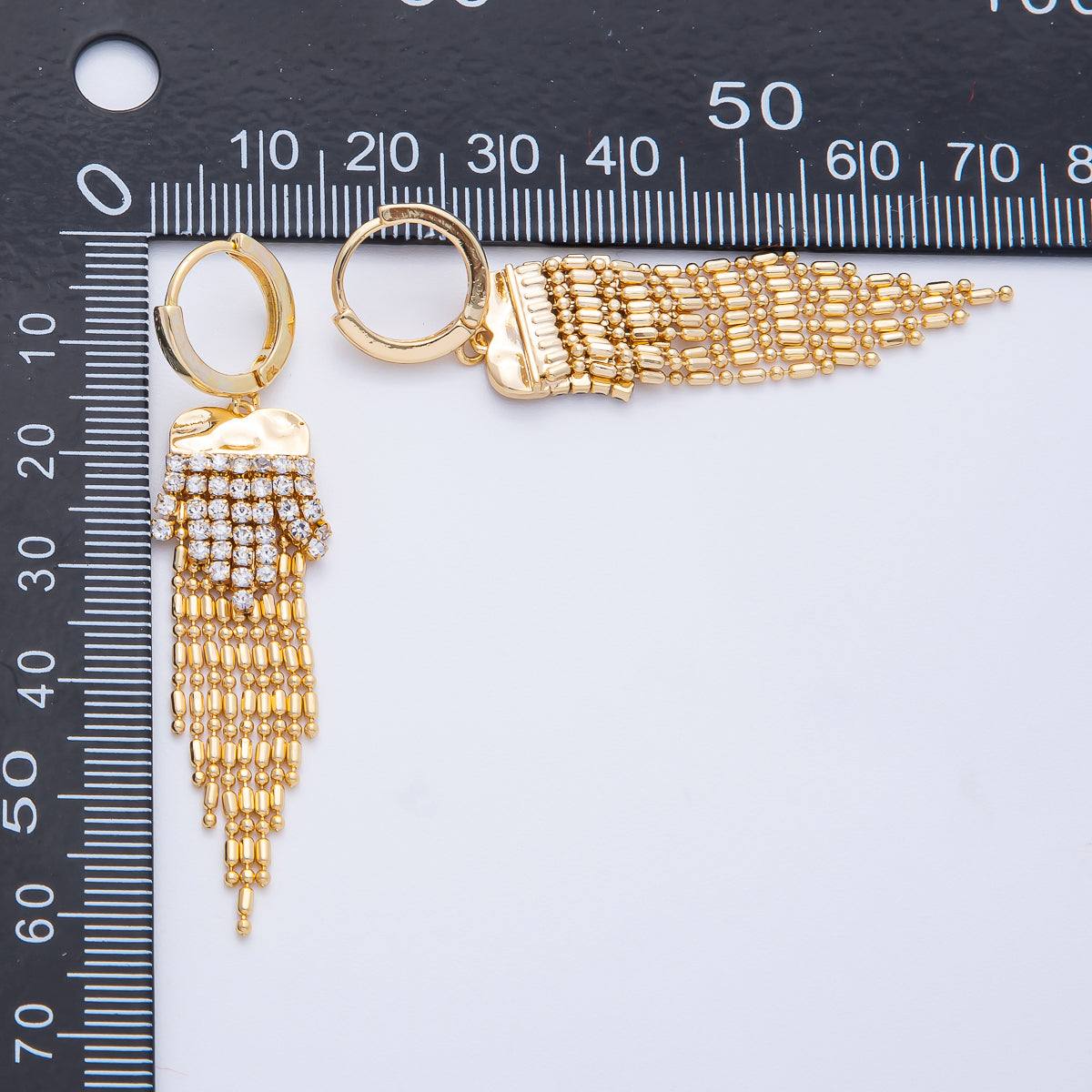 18K Gold Filled 47mm Clear CZ Tennis Bead Tube Chain Drop Huggie Earrings | T485
