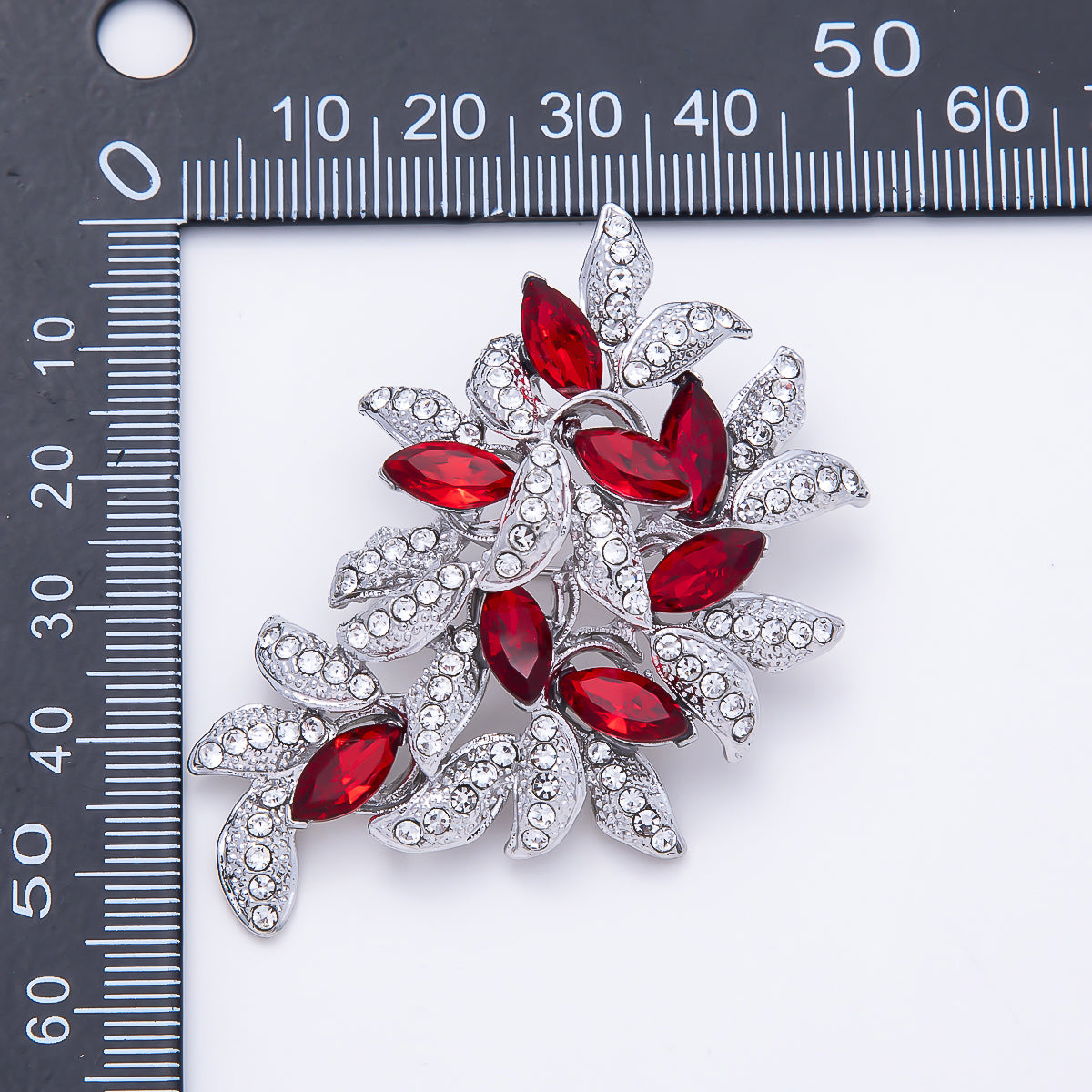 Silver 48mm Red Marquise Clear Micro Paved Rhinestone Leaf Floral Pin Brooch | BH-00194