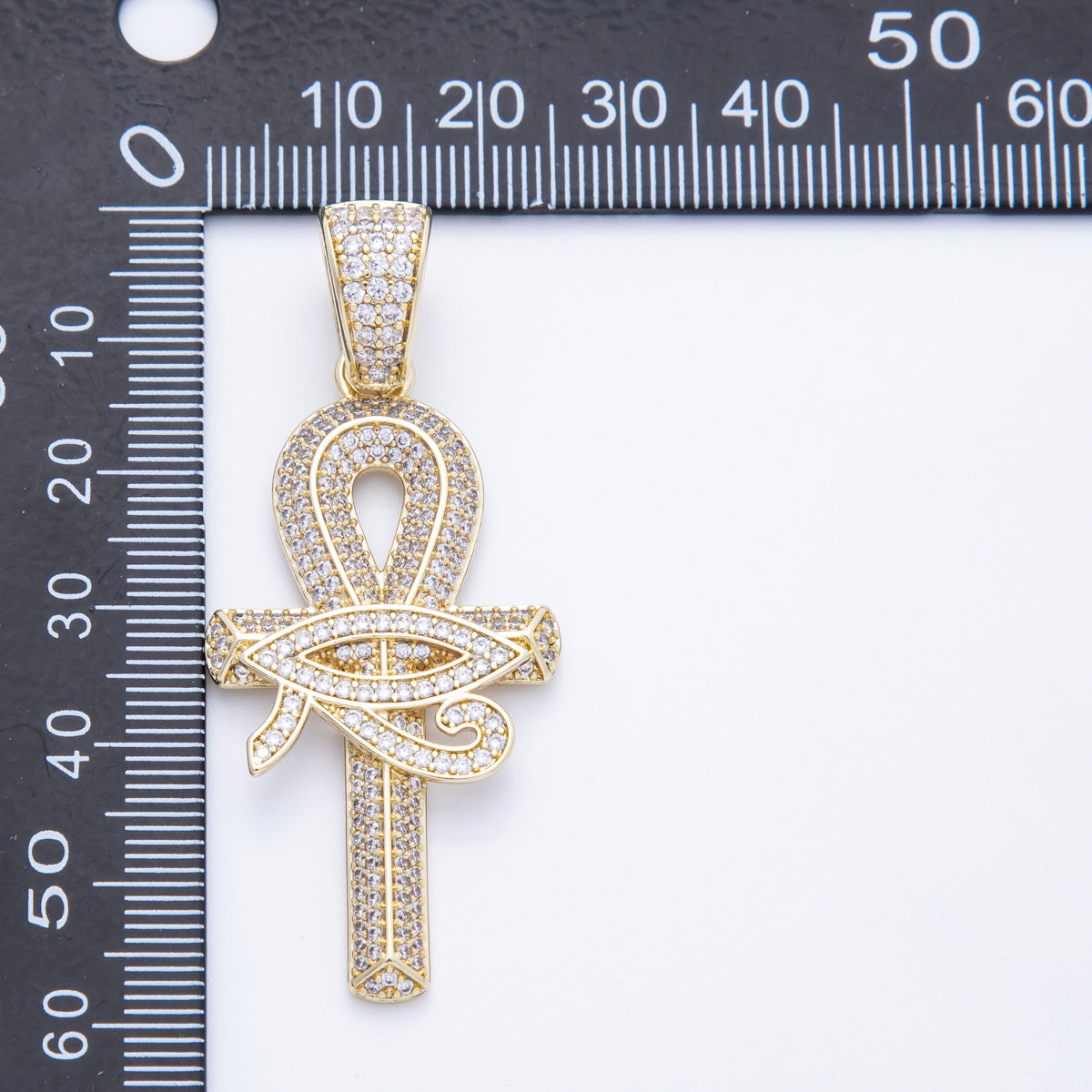 16K Gold Filled 48mm Micro Paved CZ Evil Eye Ankh Cross Religious Pendant | Charms-00209