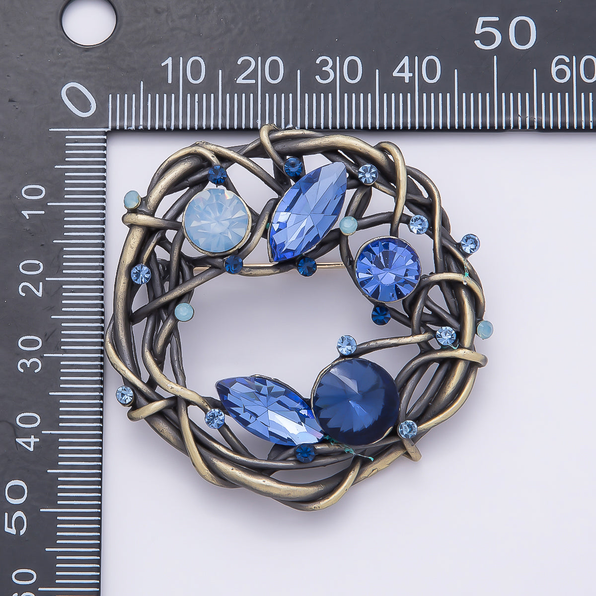 Vintage Gold Blue, Multicolor Rhinestone Twisted Vine Open Round Pin Brooch | BH-140 BH-141