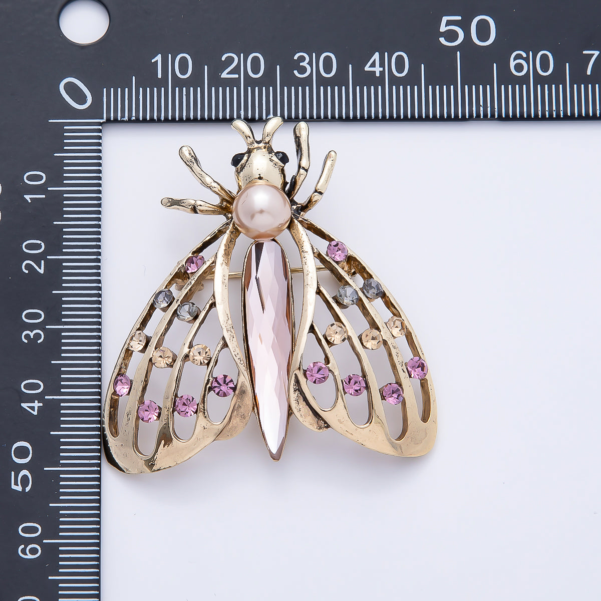 Vintage Gold 48mm Multicolor Rhinestone Dotted Open Flying Insect Animal Pin Brooch | BH-00167
