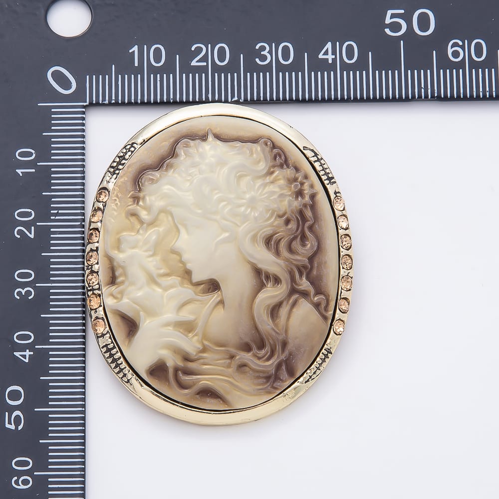 Vintage Gold Champagne Rhinestone Women Cameo Portrait Oval Pin Brooch | BH-00208