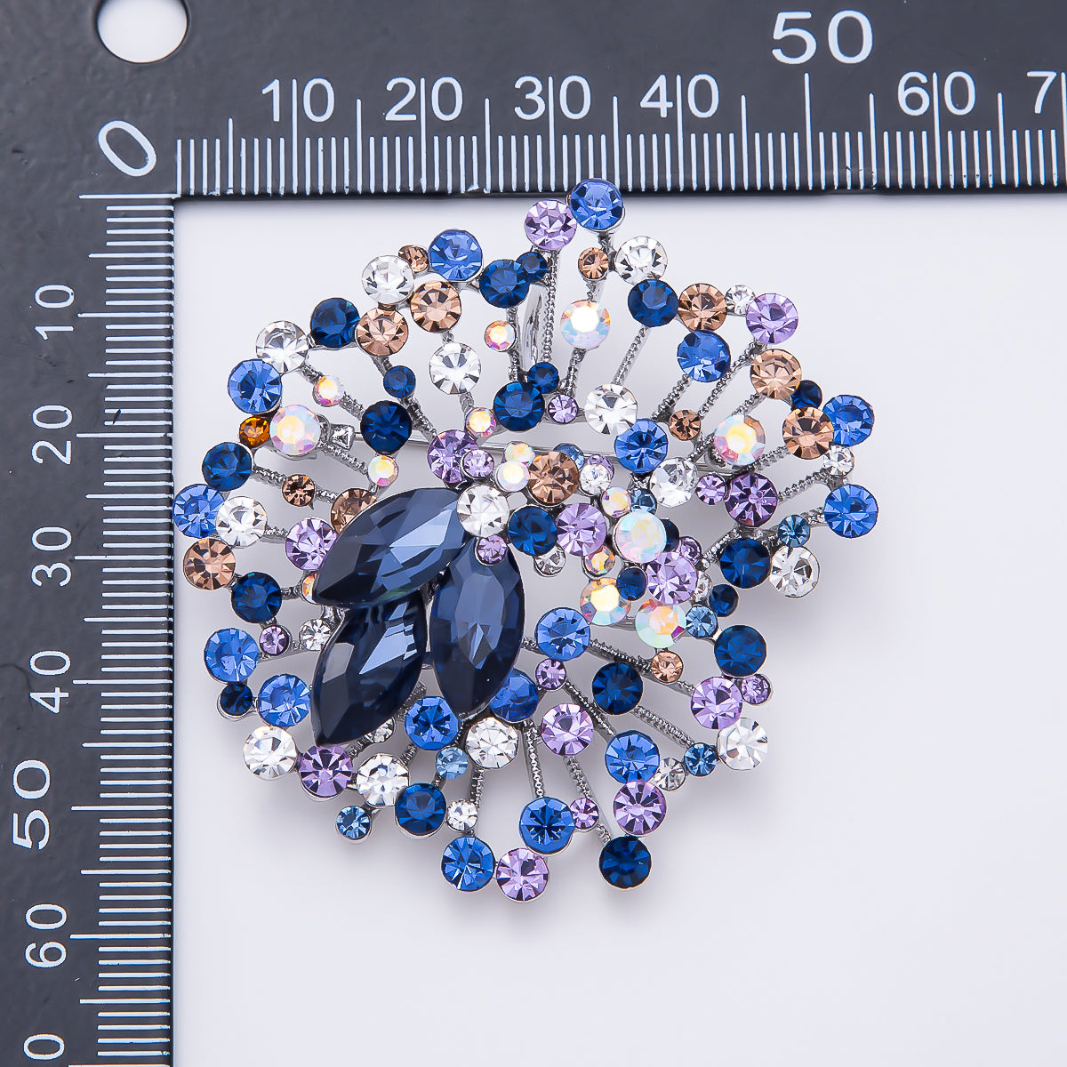 Silver 50mm Blue Multicolor Rhinestone Cluster Wire Flower Pin Brooch | BH-00195