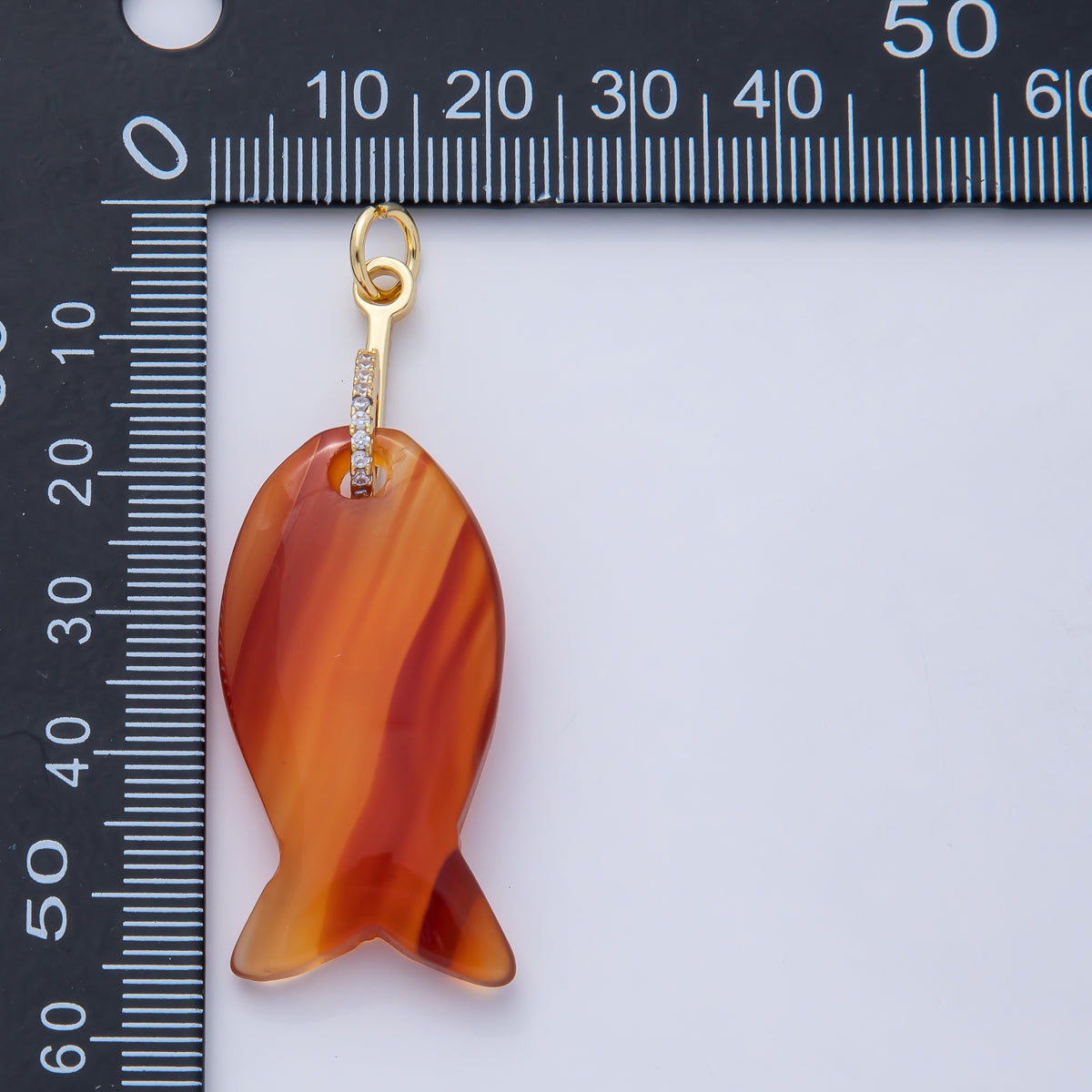 18K Gold Filled 51mm Quartz, Agate, Jasper, Topas Gemstone Fish Charm with CZ Charm | AK001