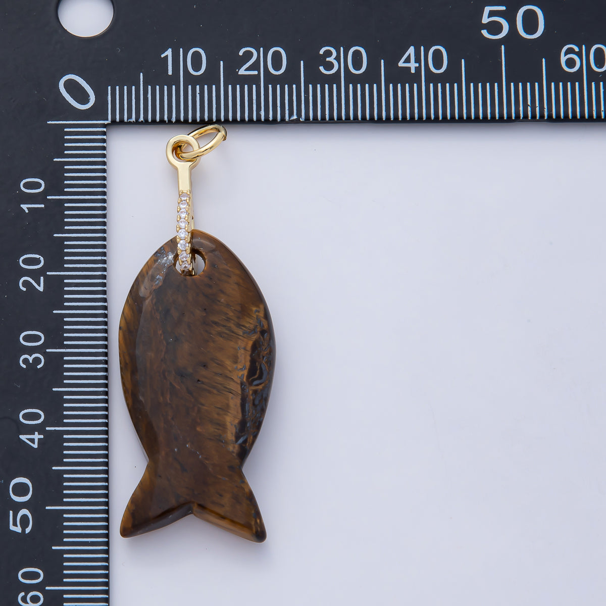 18K Gold Filled 51mm Quartz, Agate, Jasper, Topas Gemstone Fish Charm with CZ Charm | AK001