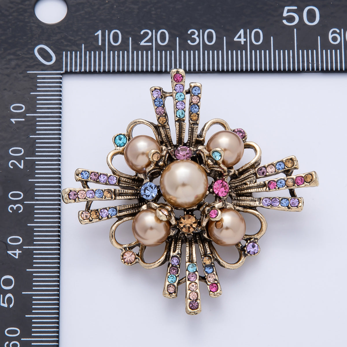 Vintage Gold 51mm x 38.5mm Multicolor Rhinestone Pearl Rhombus Pin Brooch | BH-080