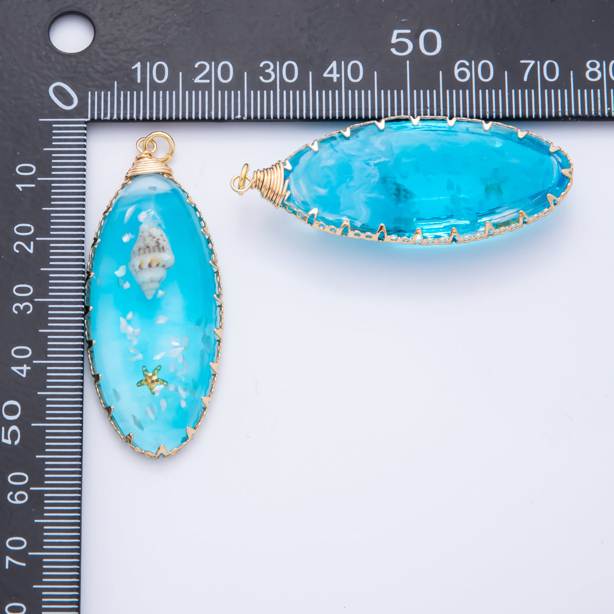 18K Gold Filled 55mm Blue Sea Conch Star Fish Resin Oval Charm | AH865