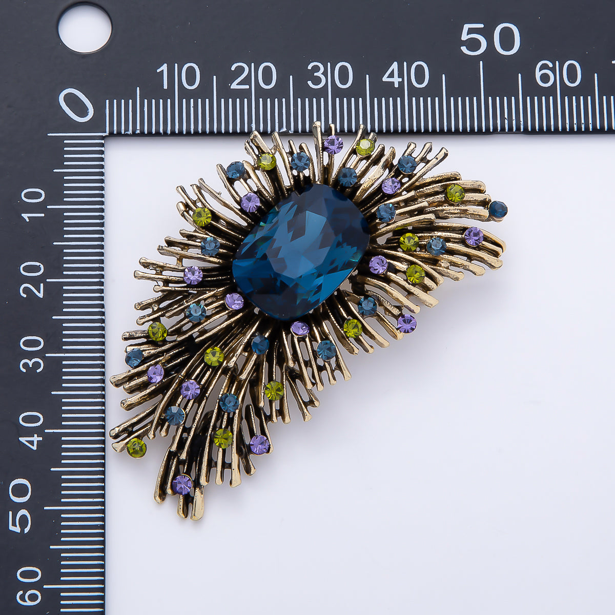 Vintage Gold 58mm Rhinestone Lined Sunburst Geometric Pin Brooch | BH-00161
