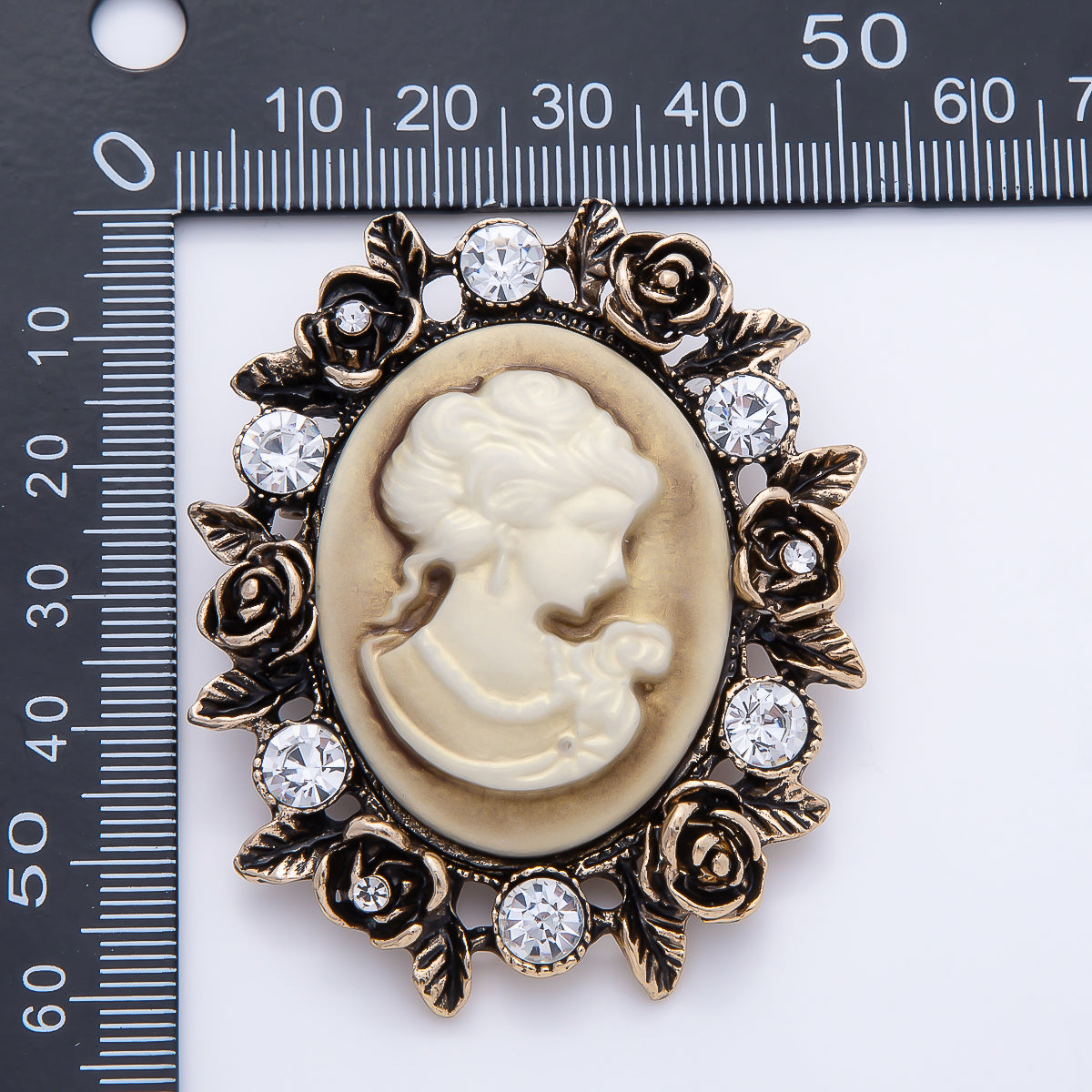 Vintage Gold 59mm Clear Rhinestone Lady Portrait Cameo Rose Flower Oval Pin Brooch | BH-00183