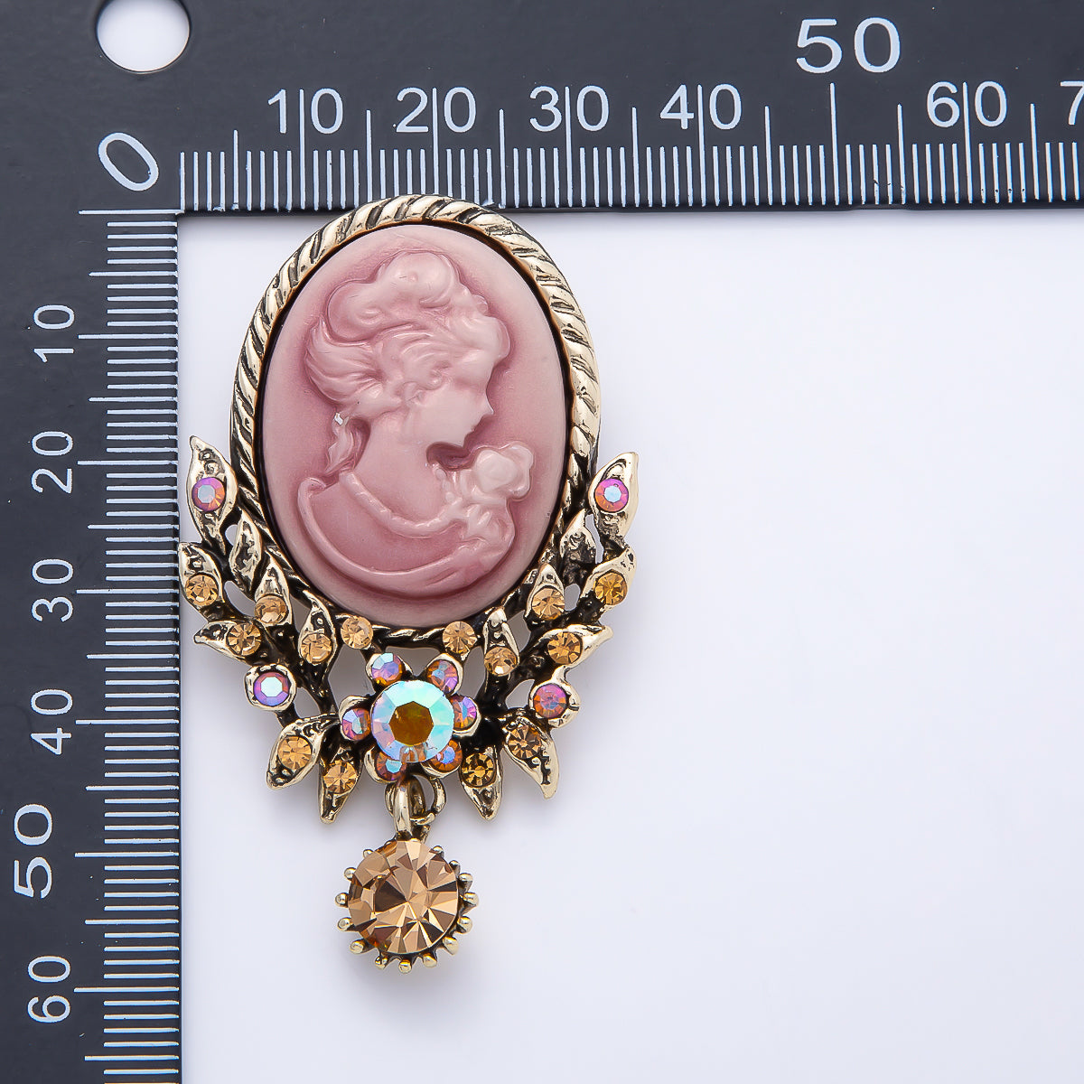 Vintage Gold 60mm Lady Portrait Cameo Pink Rhinestone Flower Drop Pin Brooch | BH-00159