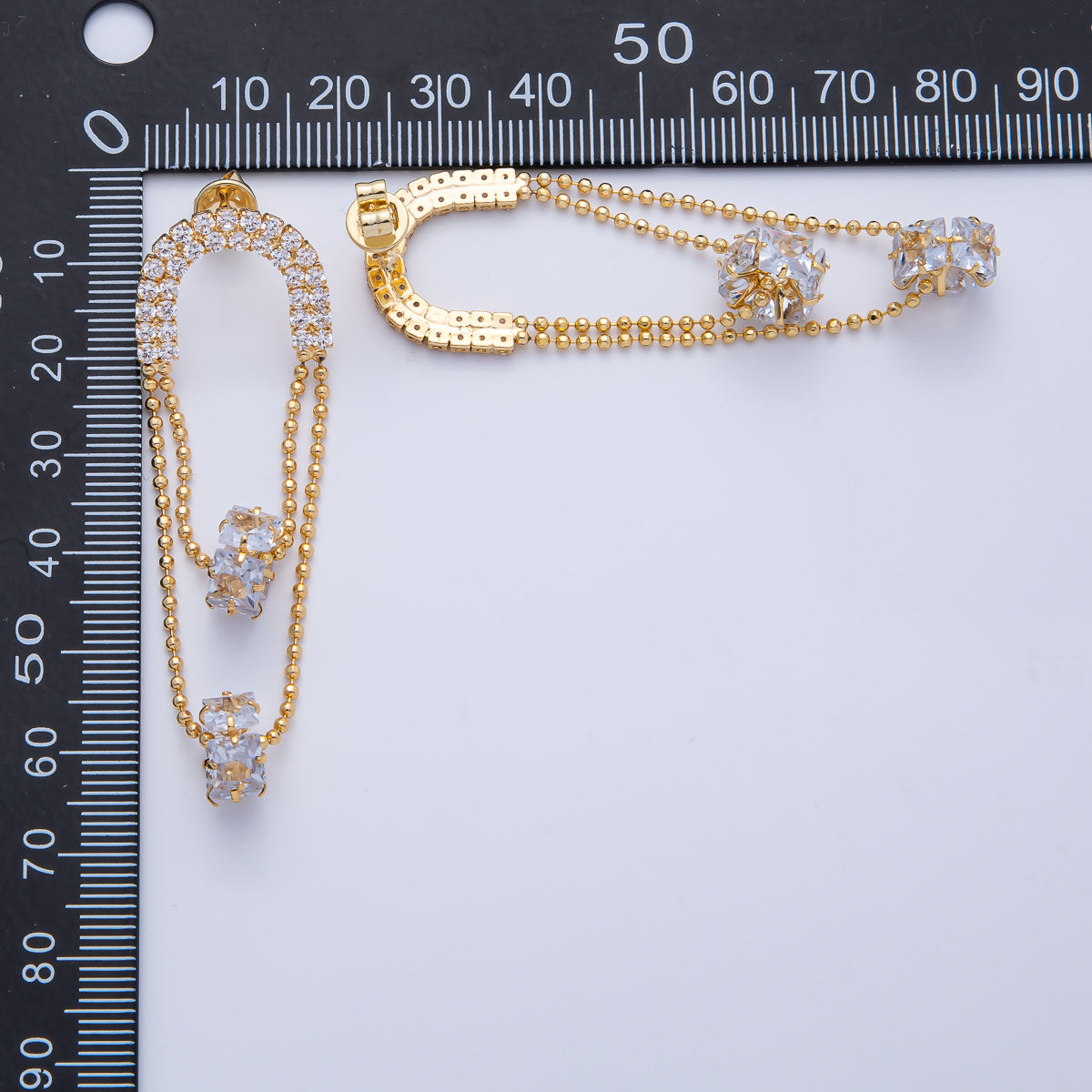 18K Gold Filled 63mm Clear CZ Micro Paved Bead Geometric Drop Stud Earrings | T069