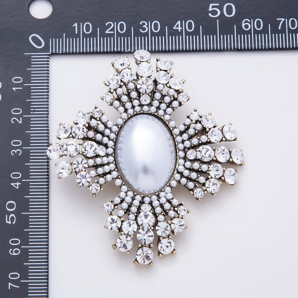 Vintage Gold Clear Rhinestone Round Shell Pearl Cabochon Sunburst Pin Brooch | BH-00213