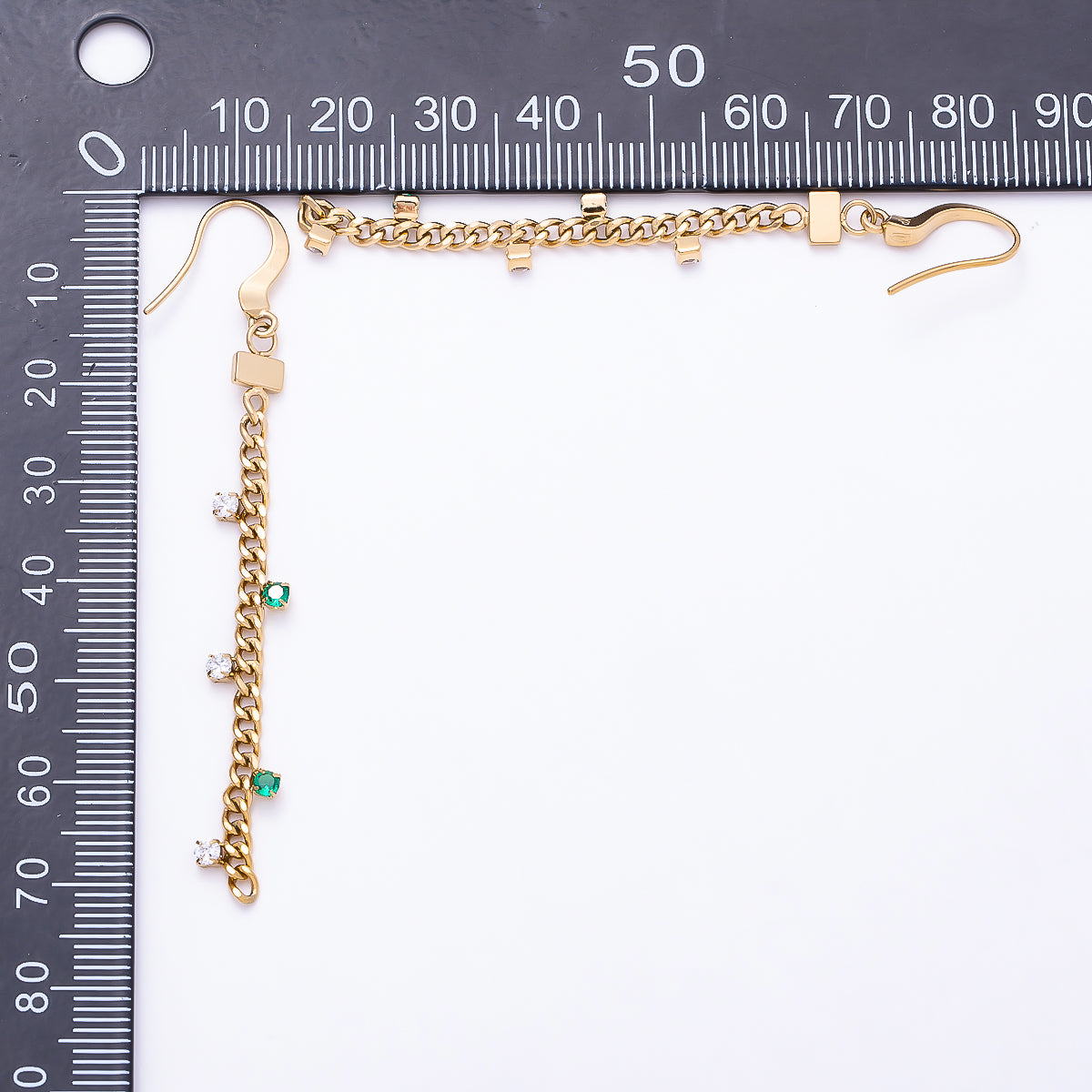 Stainless Steel 70mm Clear Green CZ Curb Chain Drop Fish Hook Earrings | Earrings-00755