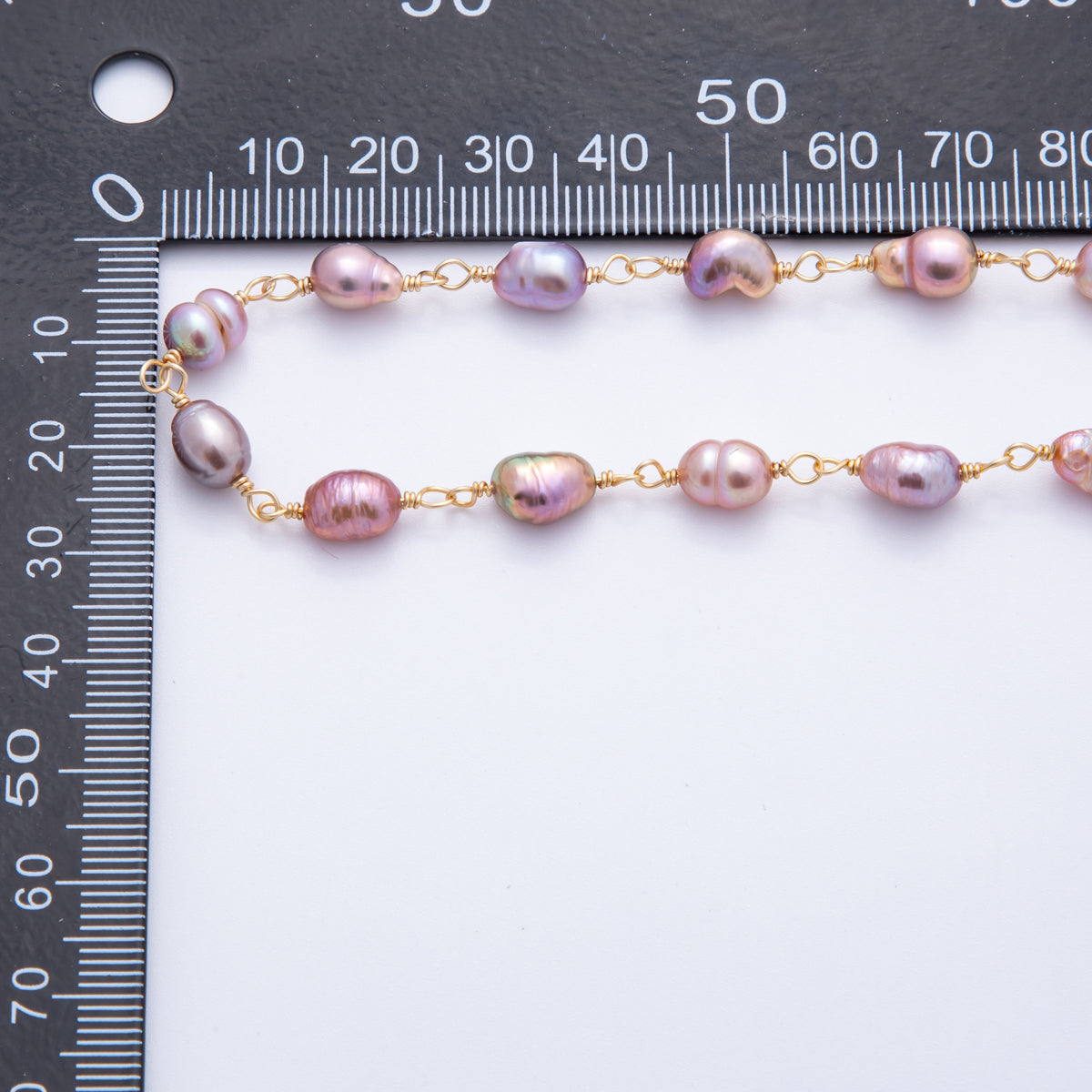 18K Gold Filled 6mm Unfinished Purple Ringed Potato Pearl Rosary Chain by Yard | ROLL-01708