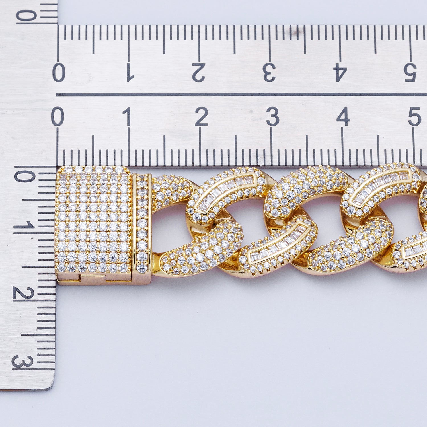 16K Gold Filled 16mm Baguette Micro Paved CZ Curb Chain 7.3 Inch Bracelet | WA-04164