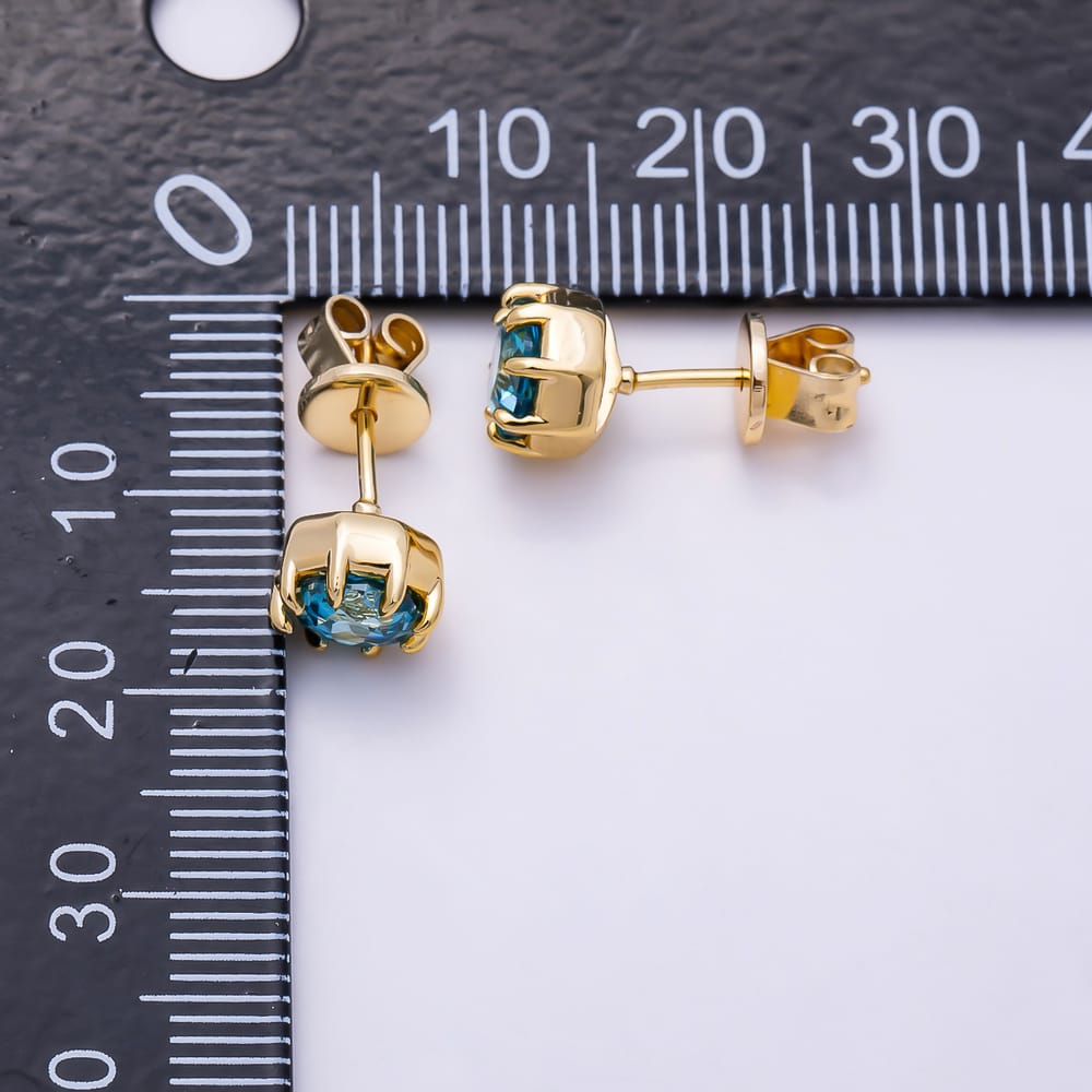 16K Gold Filled 17mm Blue Round CZ Claw Prong Solitaire Stud Earrings| Earrings-00903