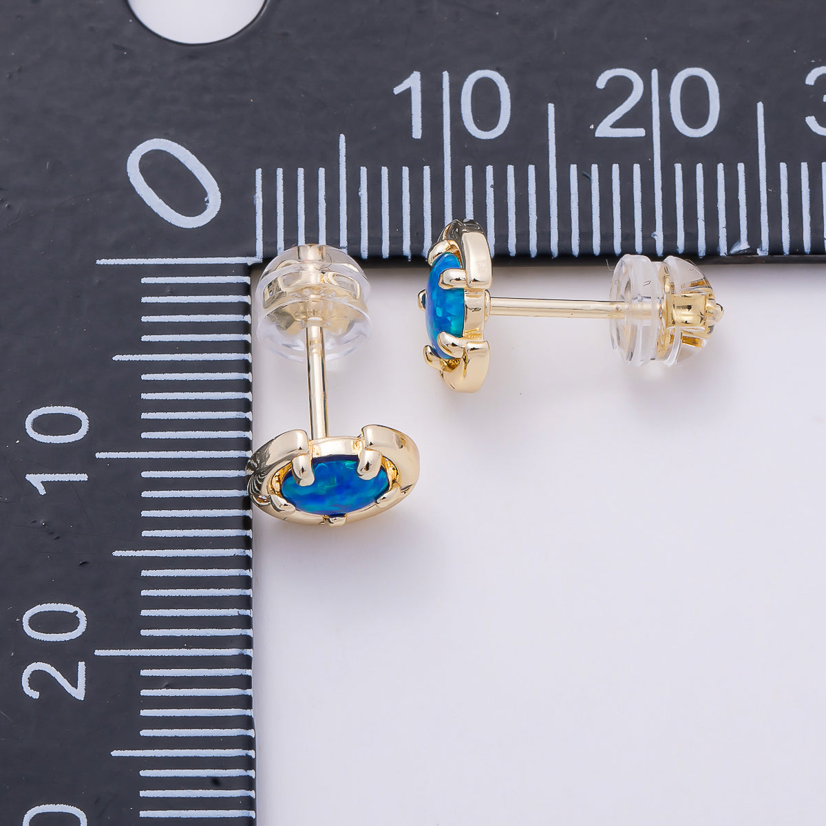 14K Gold Filled 8mm White, Blue Opal Clear CZ Dotted Curved Round Bezel Stud | Earrings-00464 Earrings-00465