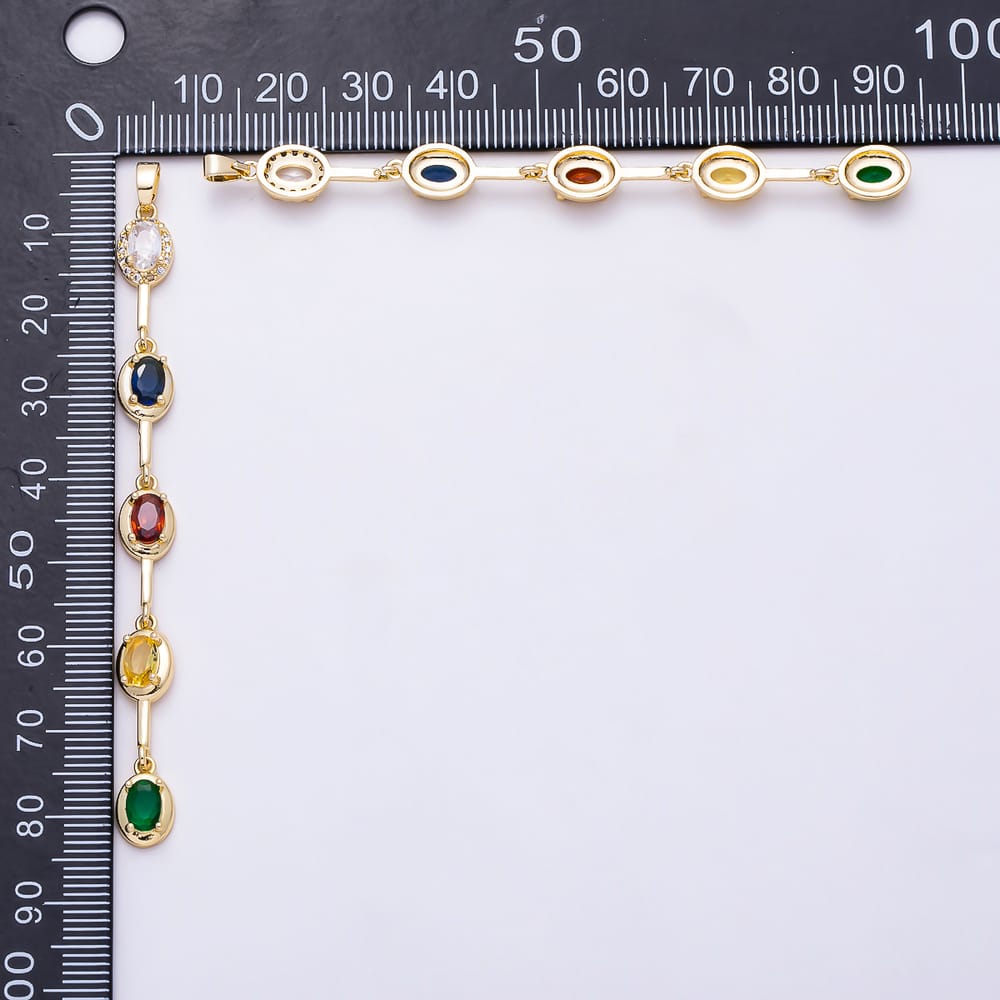 16K Gold Filled 78.5mm Multicolor Micro Paved CZ Oval Bezel Bar Drop Charm | Charms-02253