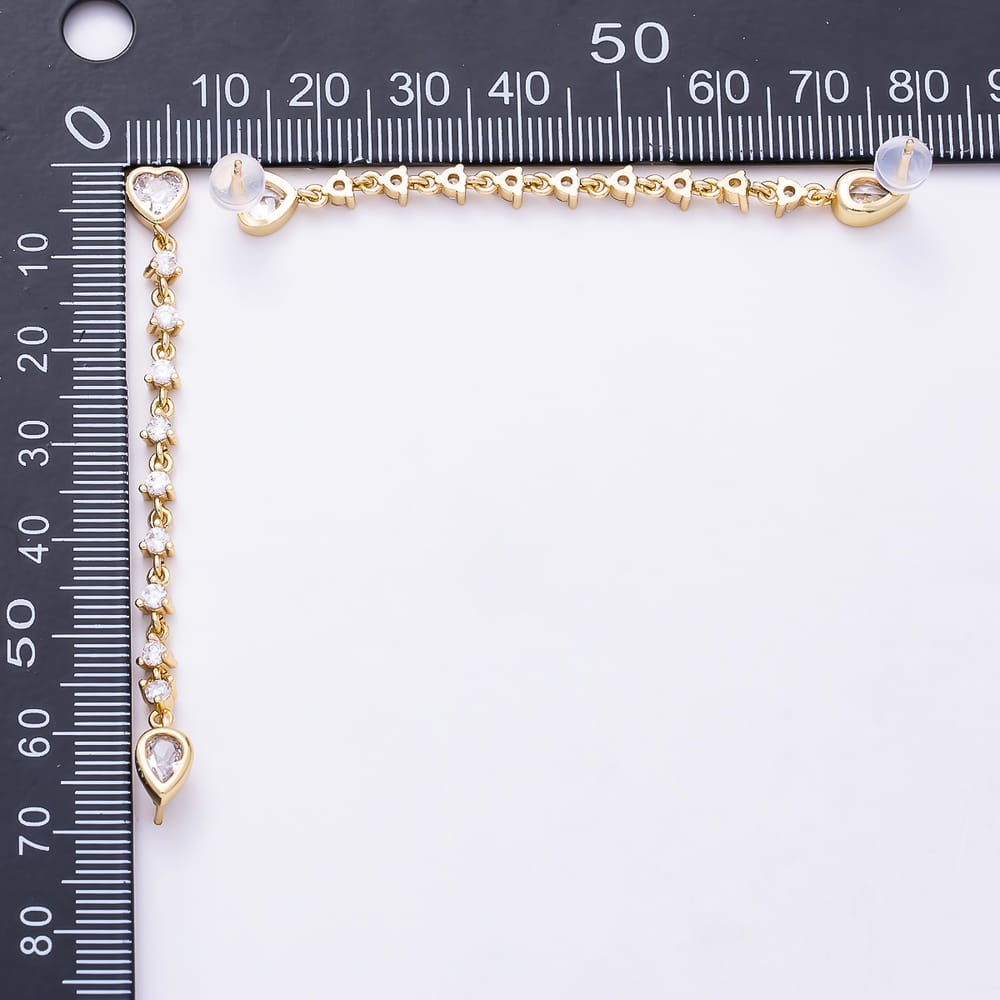 16K Gold Filled 66mm Pear & Heart CZ Double Piercing Tennis Chain Link Stud Earrings | Earrings-00914