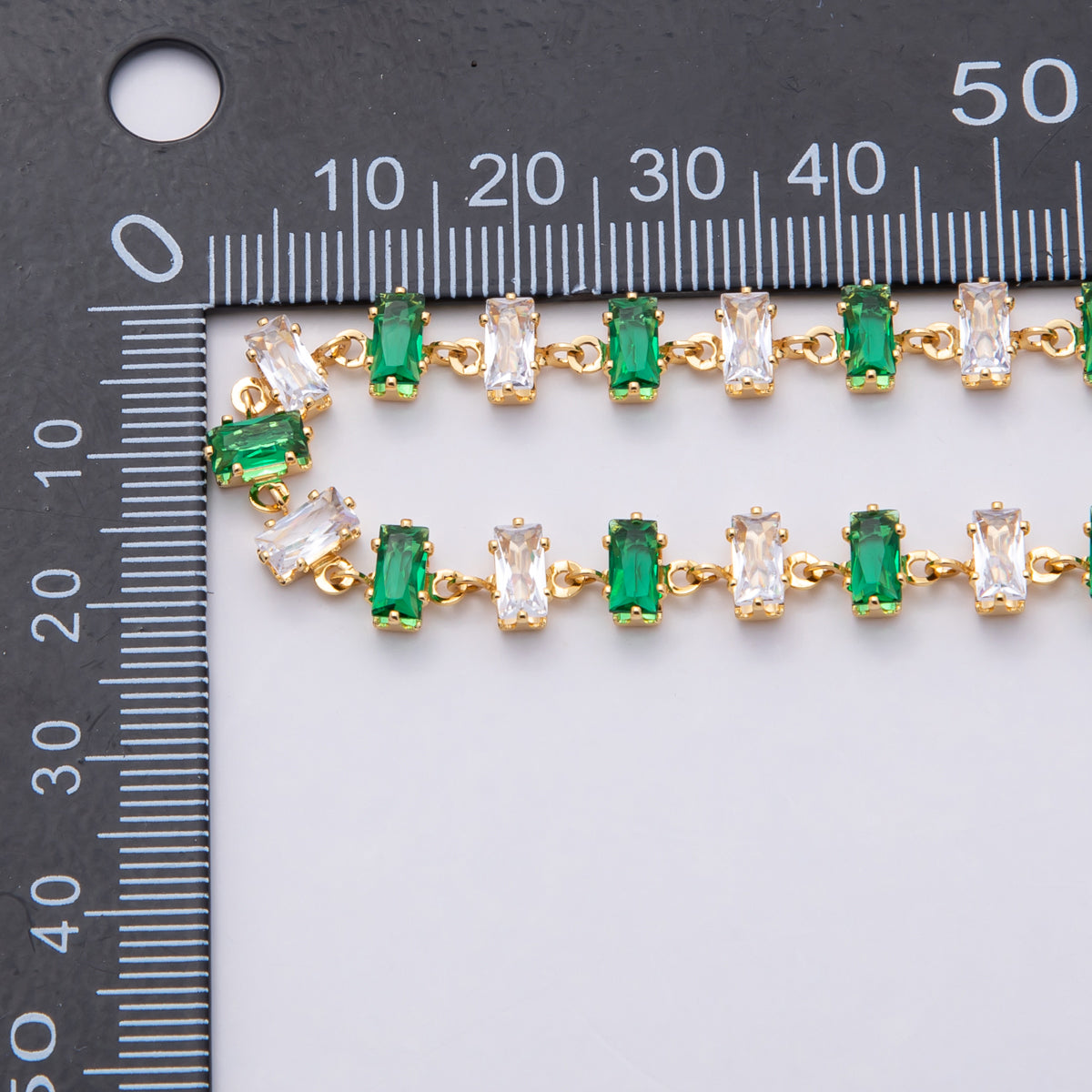 18K Gold Filled 6.8mm Multicolor Green-Clear Baguette CZ Gemstone Unfinished Chain by Yard | Roll-1831