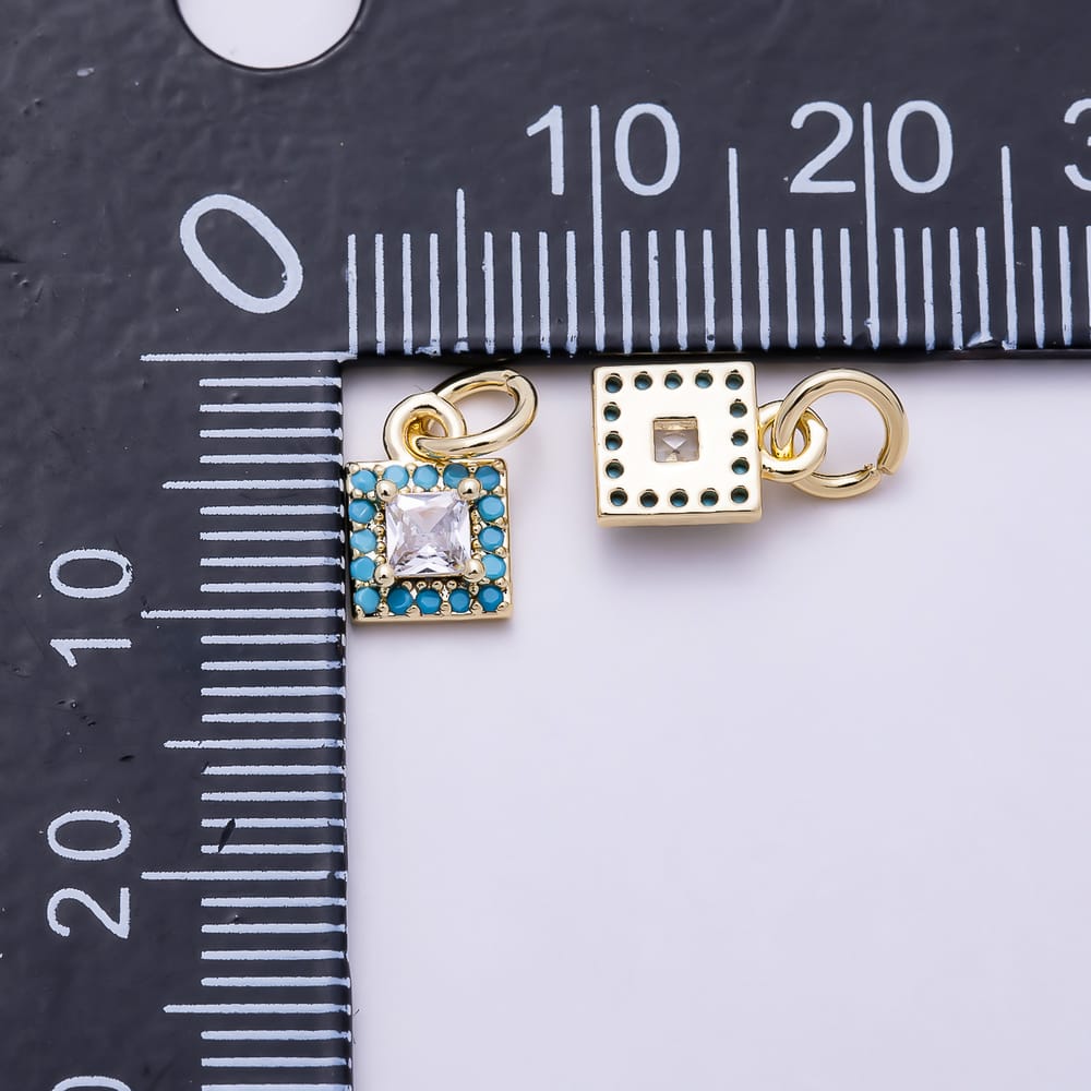 16K Gold Filled 11mm Princess Cut Clear CZ Turquoise Beaded Square Charm | Charms-02171