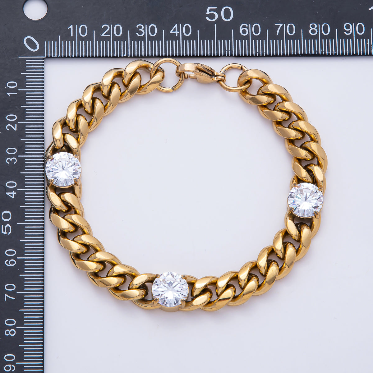 Gold Stainless Steel 10.5mm Triple CZ Curb Chain 8.66 Inch Bracelet | WA-04160