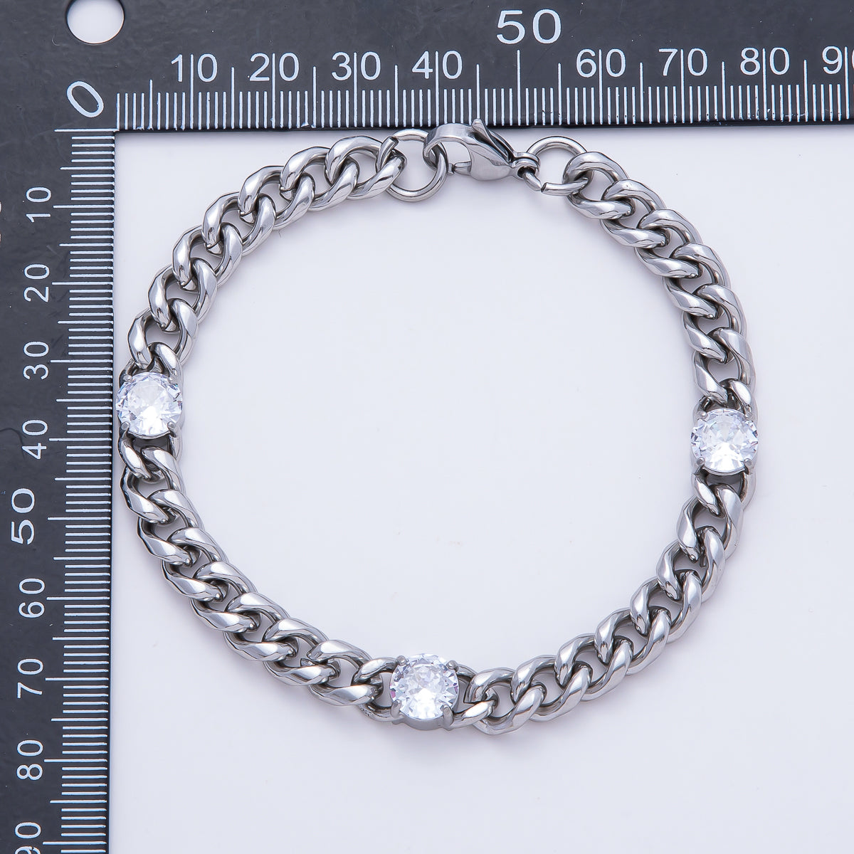 Silver Stainless Steel 8mm Triple CZ Curb Chain 8.66 Inch Bracelet | WA-04161