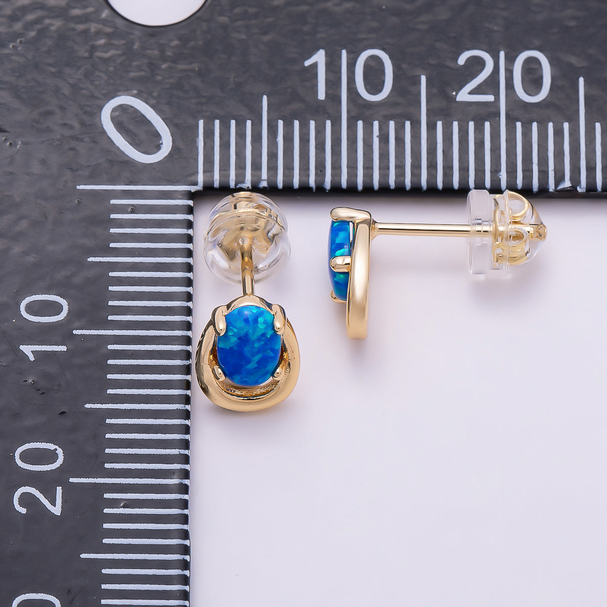 16K Gold Filled 14mm White, Blue Opal Gemstone Open Bezel Stud Earrings | Earrings-00460 Earrings-00461