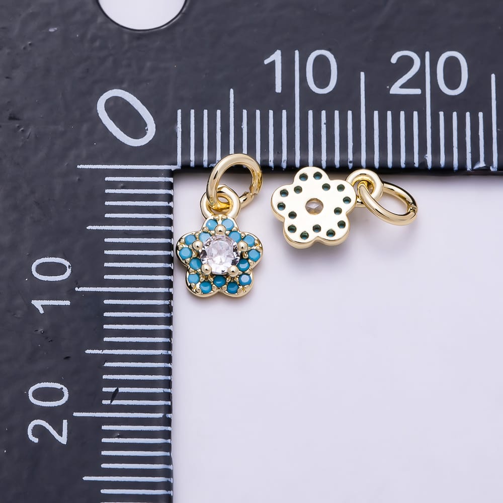 16K Gold Filled 9mm Clear Round CZ Turquoise 5-Petal Flower Charm | Charms-02176