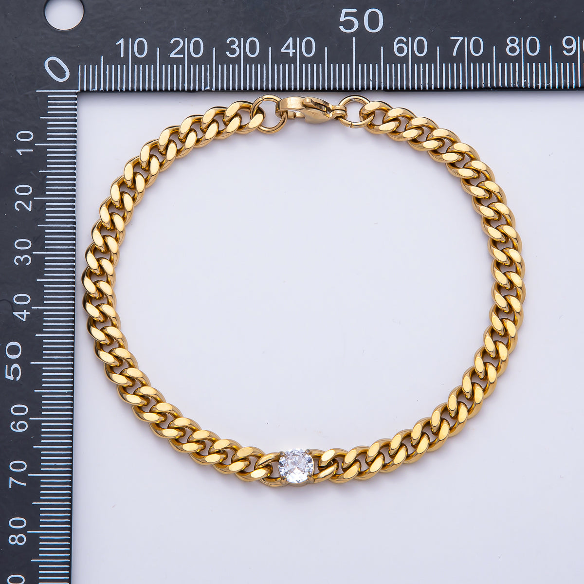 Gold Stainless Steel 6mm Clear CZ Curb Chain 8.86 Inch Bracelet | WA-04159