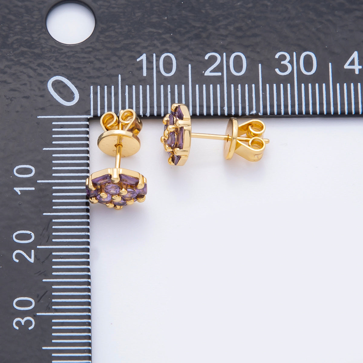 18K Gold Filled 8.8mm Clear, Purple, Pink Micro Paved CZ Baguette Round Stud Earrings | AJ274 AJ204 AJ206