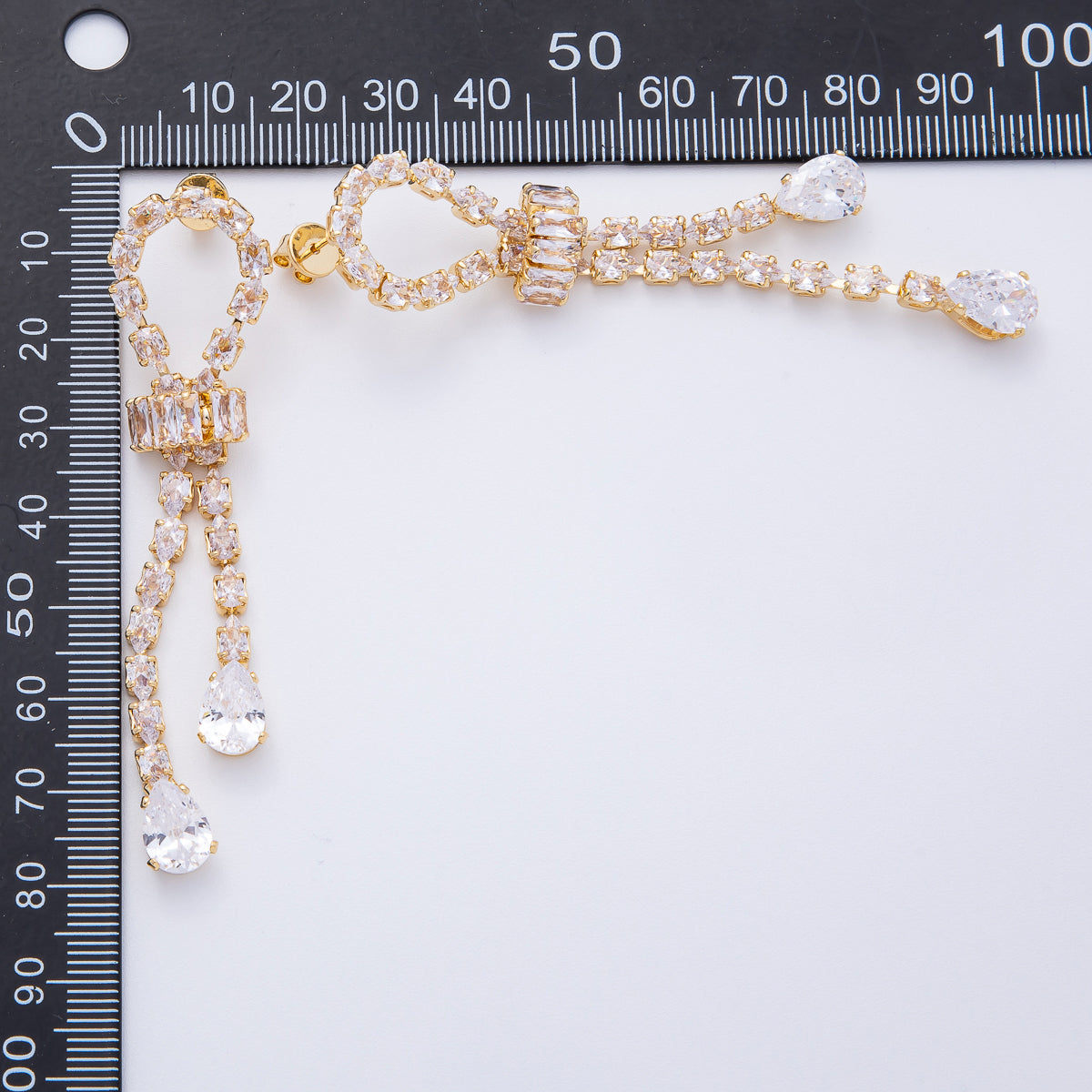 18K Gold Filled Clear CZ Teardrop Baguette Knot Drop Stud Earrings | T067