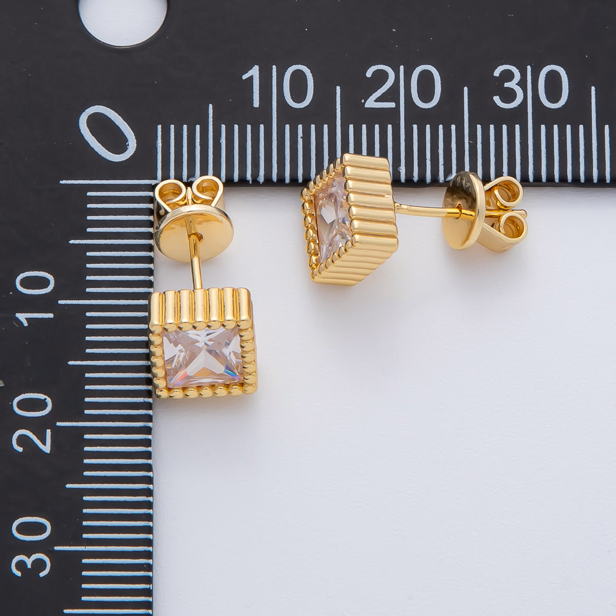 18K Gold Filled 8mm Clear CZ Square Ribbed Bezel Stud Earrings | AD1614