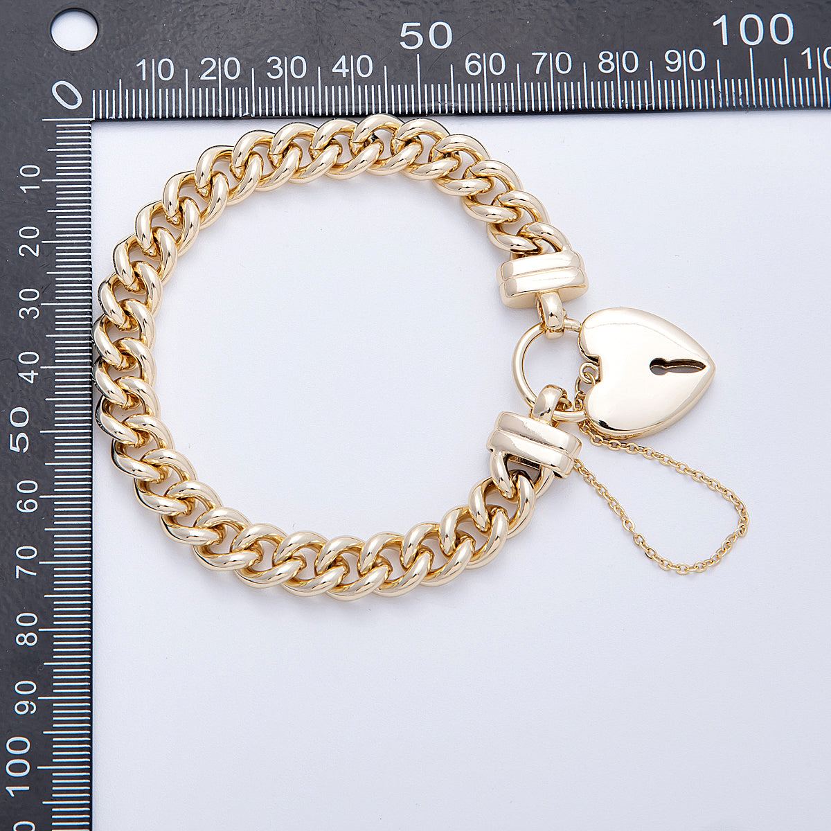 14K Gold Filled 9.5mm Heart Padlock Key Charm Curb Chain 9 Inch Bracelet | WA-04158