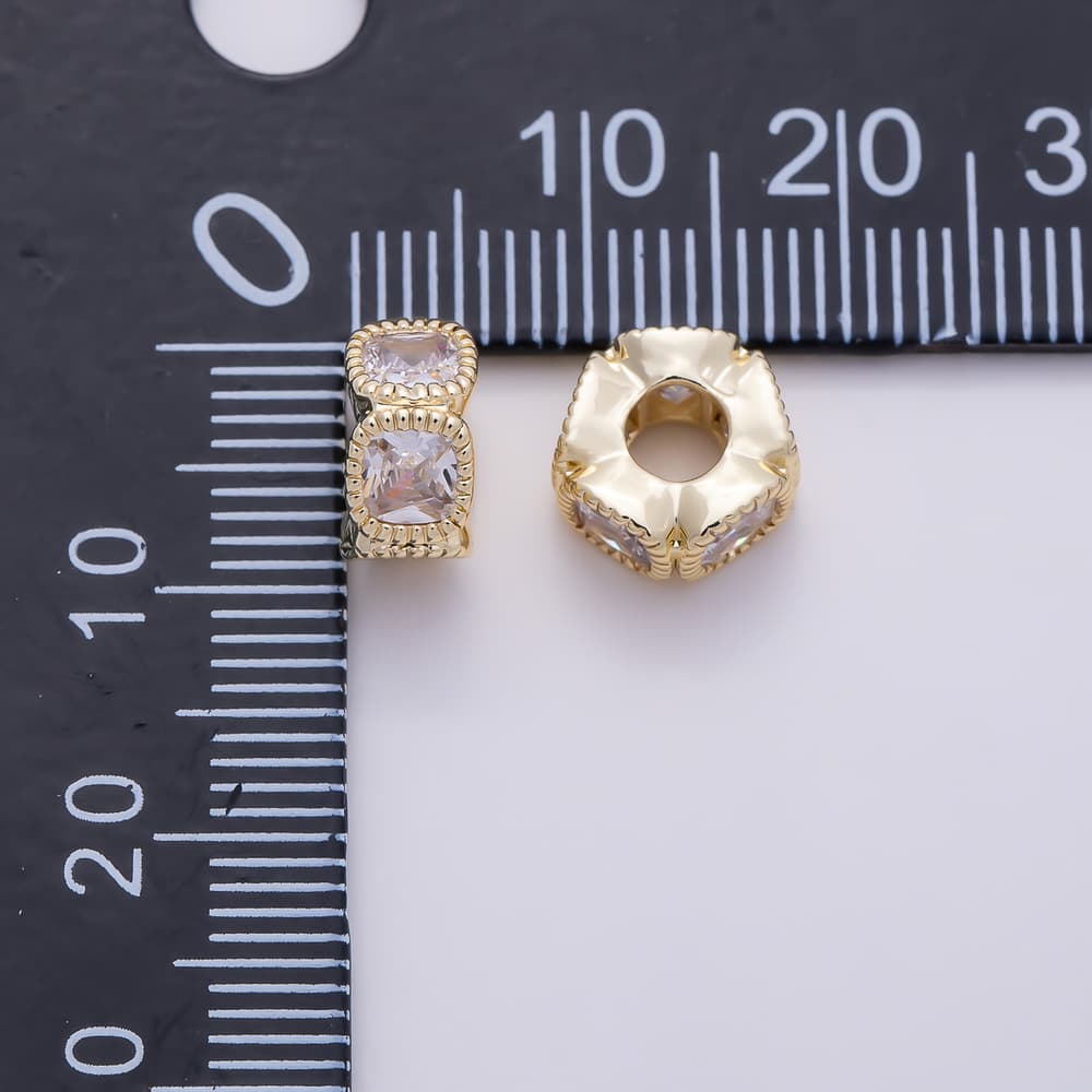 16K Gold Filled 9mm Cushion Cut Clear CZ Large Hole Rondelle Spacer Beads | Beads-00617