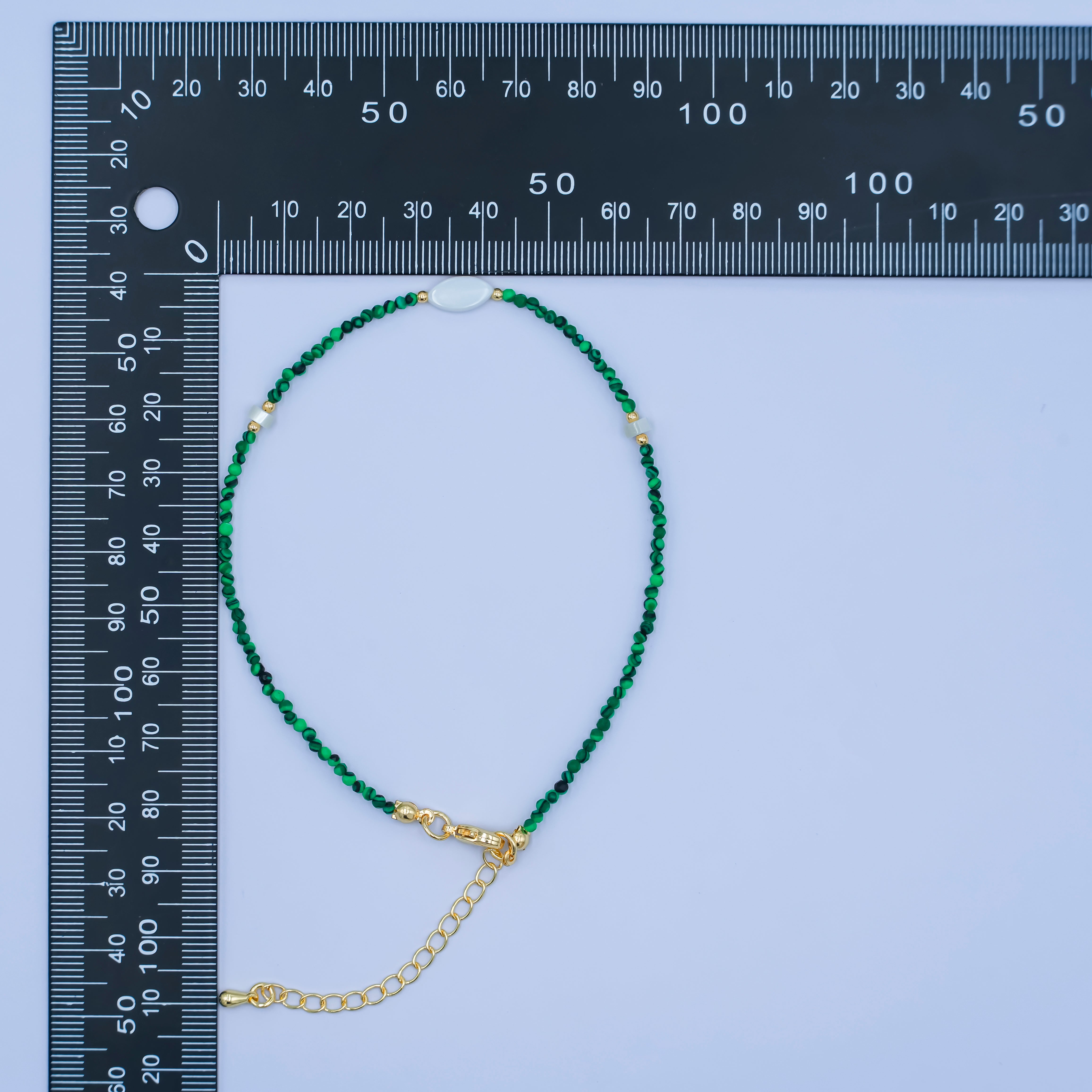 24K Gold Filled 2mm Shell Pearl Malachite Multifaceted Gemstone 9 Inch Anklet | WA-2946
