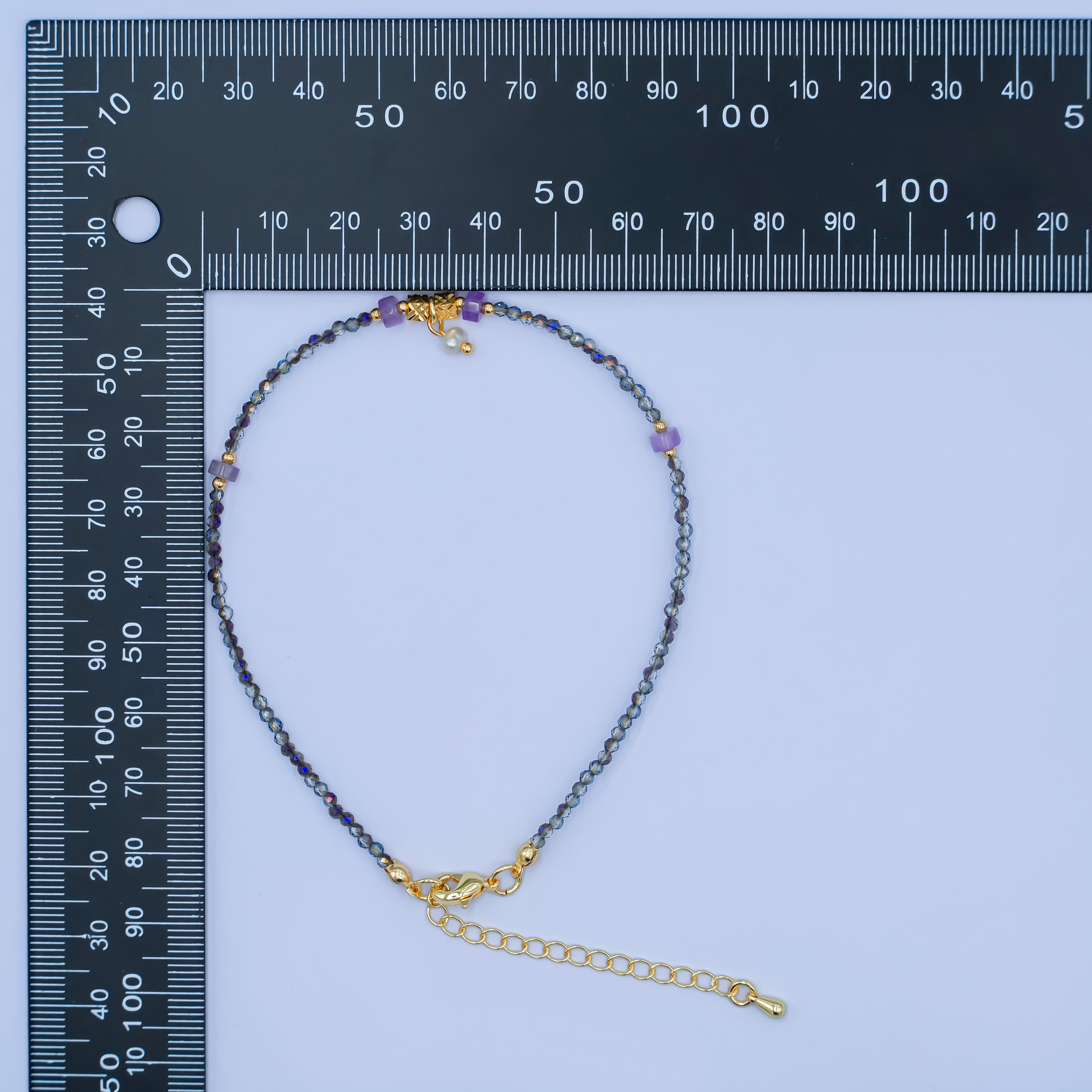 24K Gold Filled 2mm Shell Pearl Dark Multifaceted Gemstone 9 Inch Anklet | WA-2953