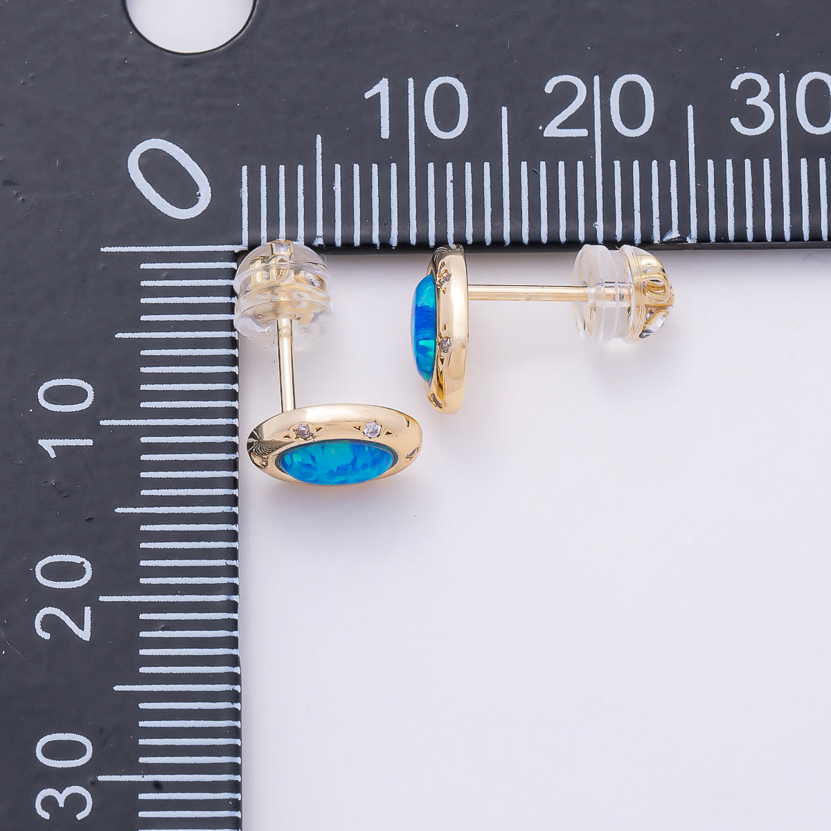 16K Gold Filled 14mm White, Blue Opal CZ Dotted Oval Bezel Stud Earrings | Earrings-00462- Earrings-00463