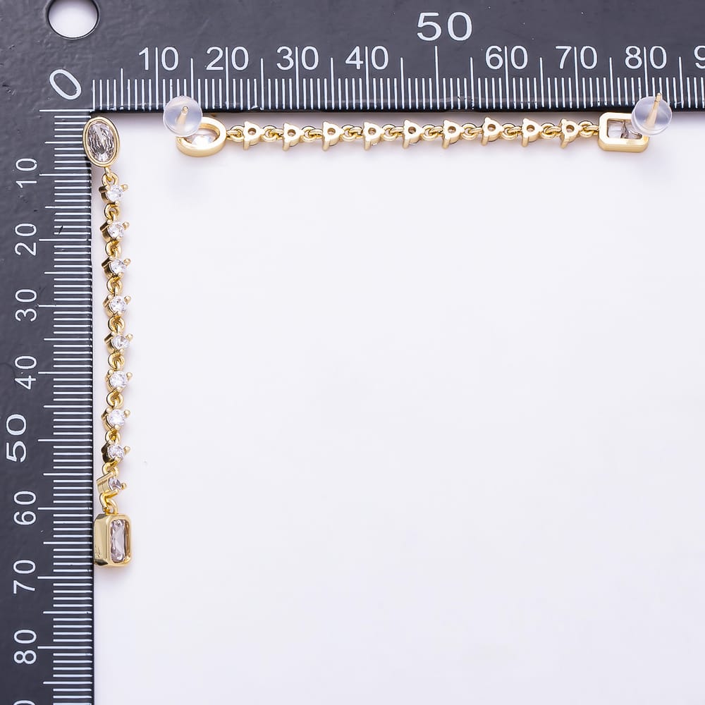 16K Gold Filled 66mm Rectangle & Oval Bezel Cut Clear CZ Double Piercing Tennis Chain Link Stud Earrings | Earrings-00916