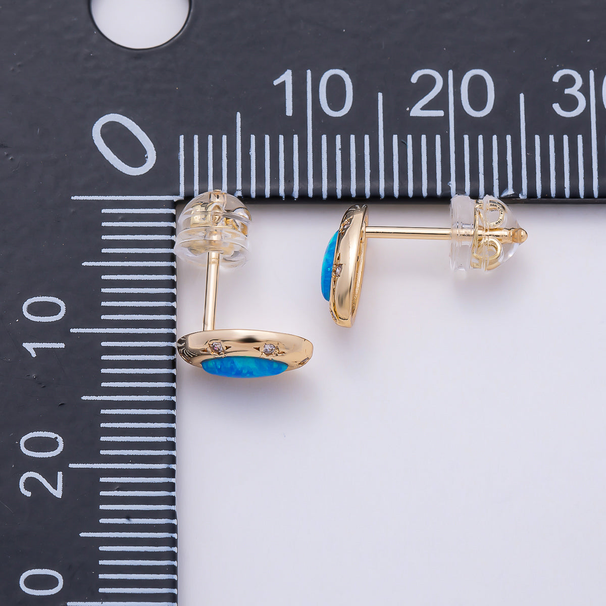 14K Gold Filled 9.5mm White, Blue Opal CZ Star Dotted Marquise Navette Bezel Stud | Earrings-00466 Earrings-00467