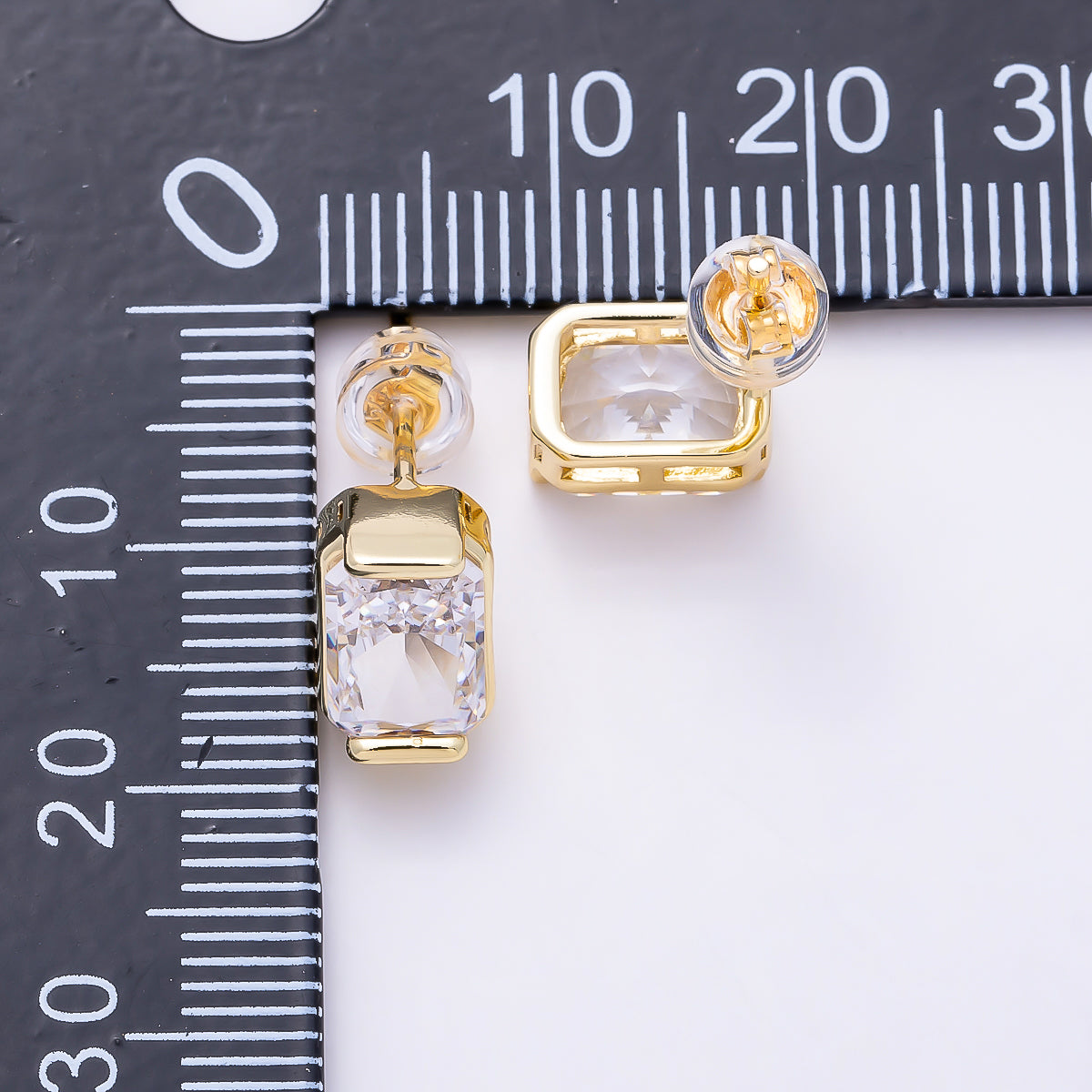 16K Gold Filled 9.5mm Clear CZ Baguette Lined Stud Earrings in Gold & Silver | Earrings-00757 Earrings-00758
