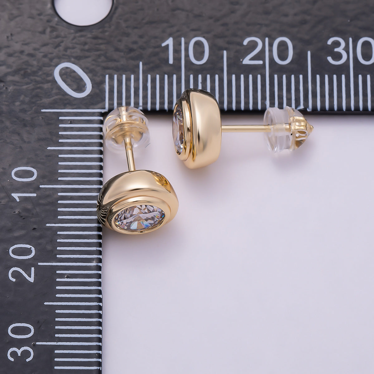 16K Gold Filled 9mm Clear CZ Round Bezel Stud Earrings in Gold & Silver | Earrings-00425 Earrings-00426