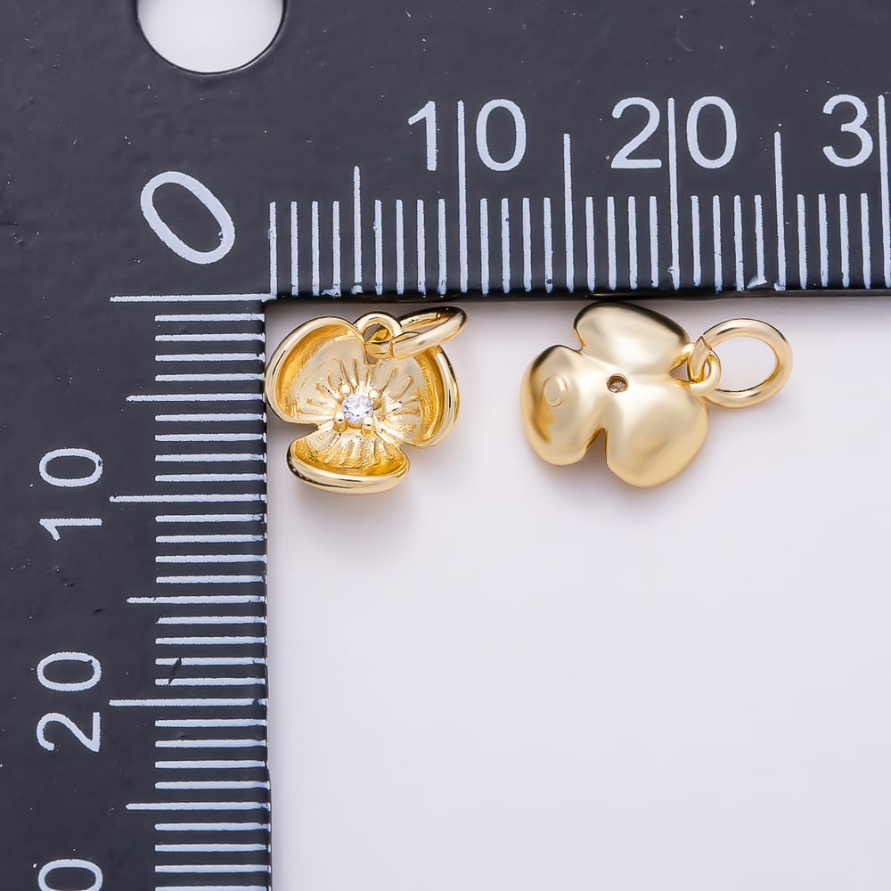 16K Gold Filled 10mm Clear CZ Lined Triple Petal Flower Round 3D Multidimensional Charm | Charms-02397