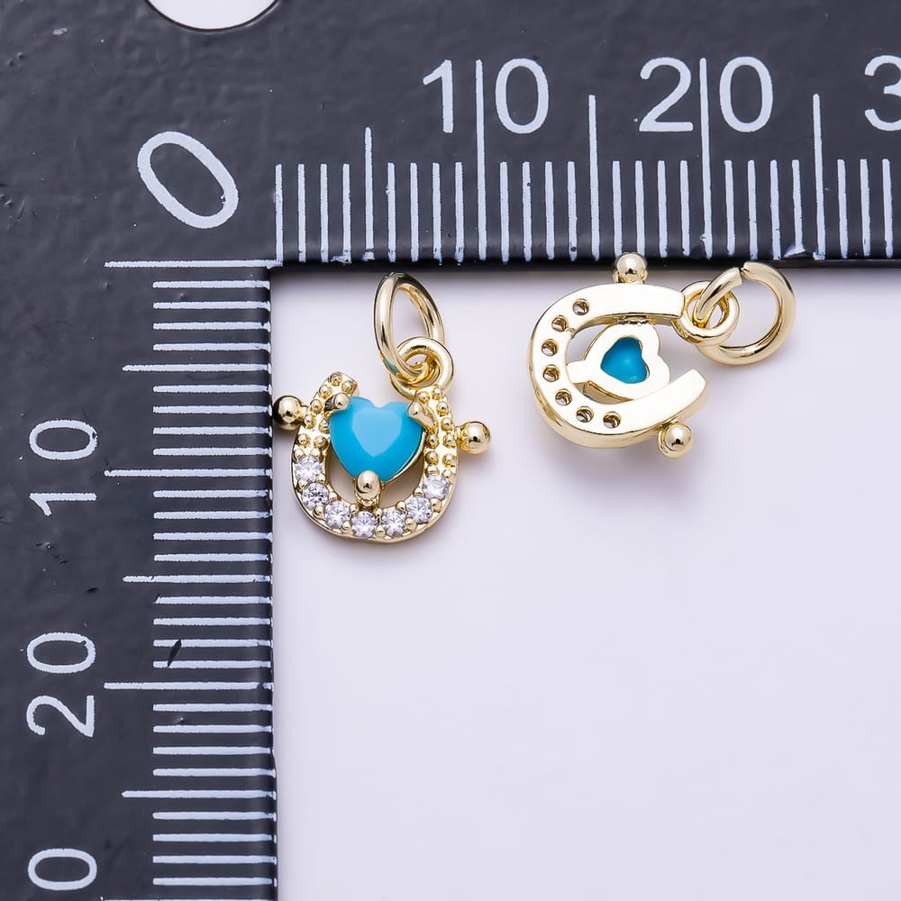 16K Gold Filled 10mm Heart Turquoise Micro Paved CZ Lucky Horseshoe Charm | Charms-02169