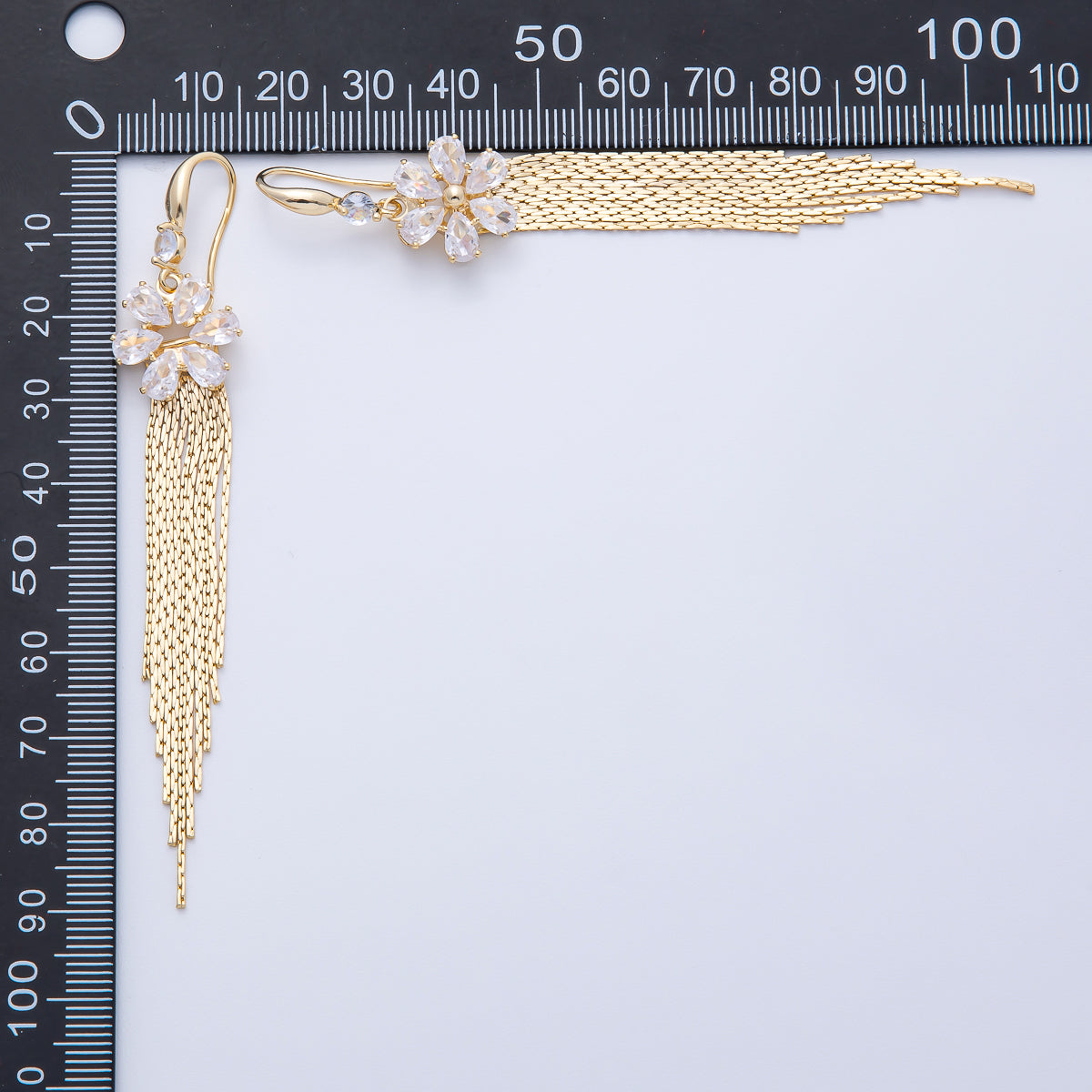 18K Gold Filled 94mm Clear CZ Flower Snake Chain Fringe Drop Ear Hook Earrings | T486
