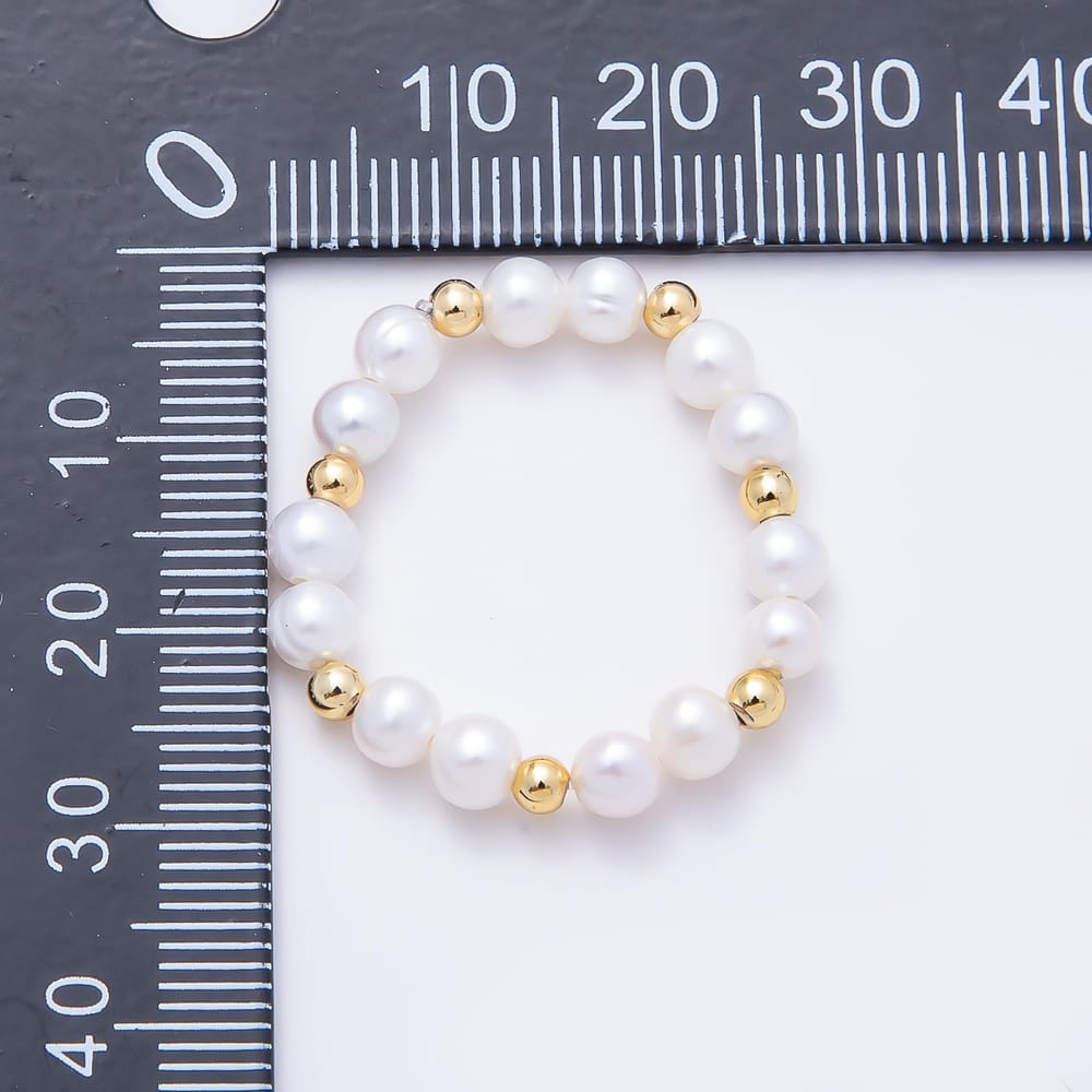 16K Gold Filled Natural Freshwater Round Pearl Beaded Stretch Ring | Rings-00420