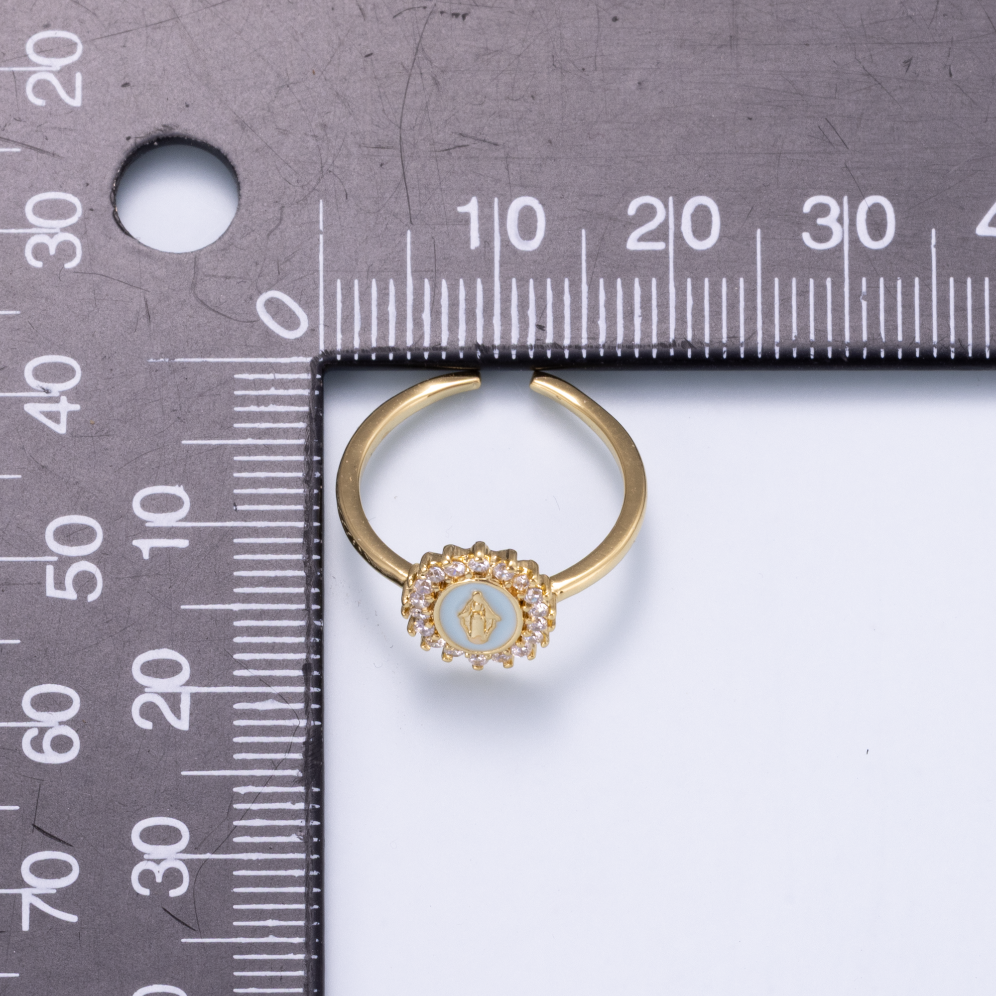 18K Gold Filled CZ Blue Enamel Mother Mary Oval Ring | Rings-00269